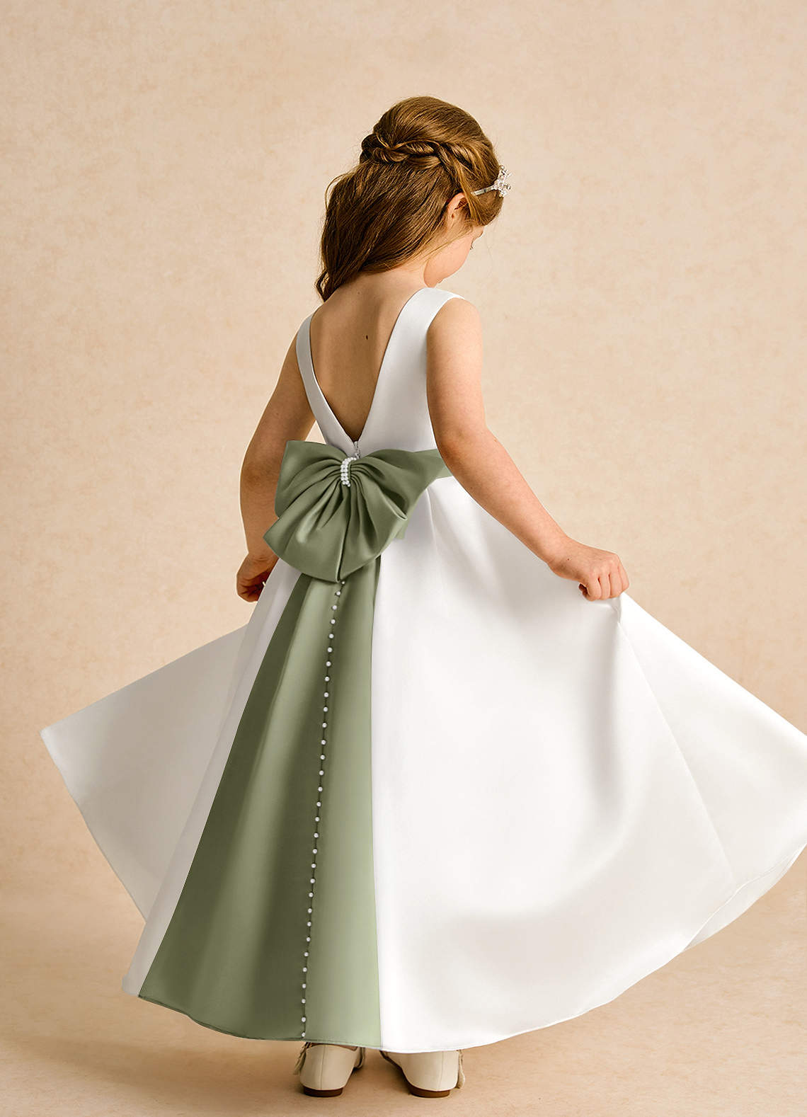 Azazie Cherry Flower Girl Dresses Ivory Pistachio Ball-Gown Pleated Matte Satin Dress image3