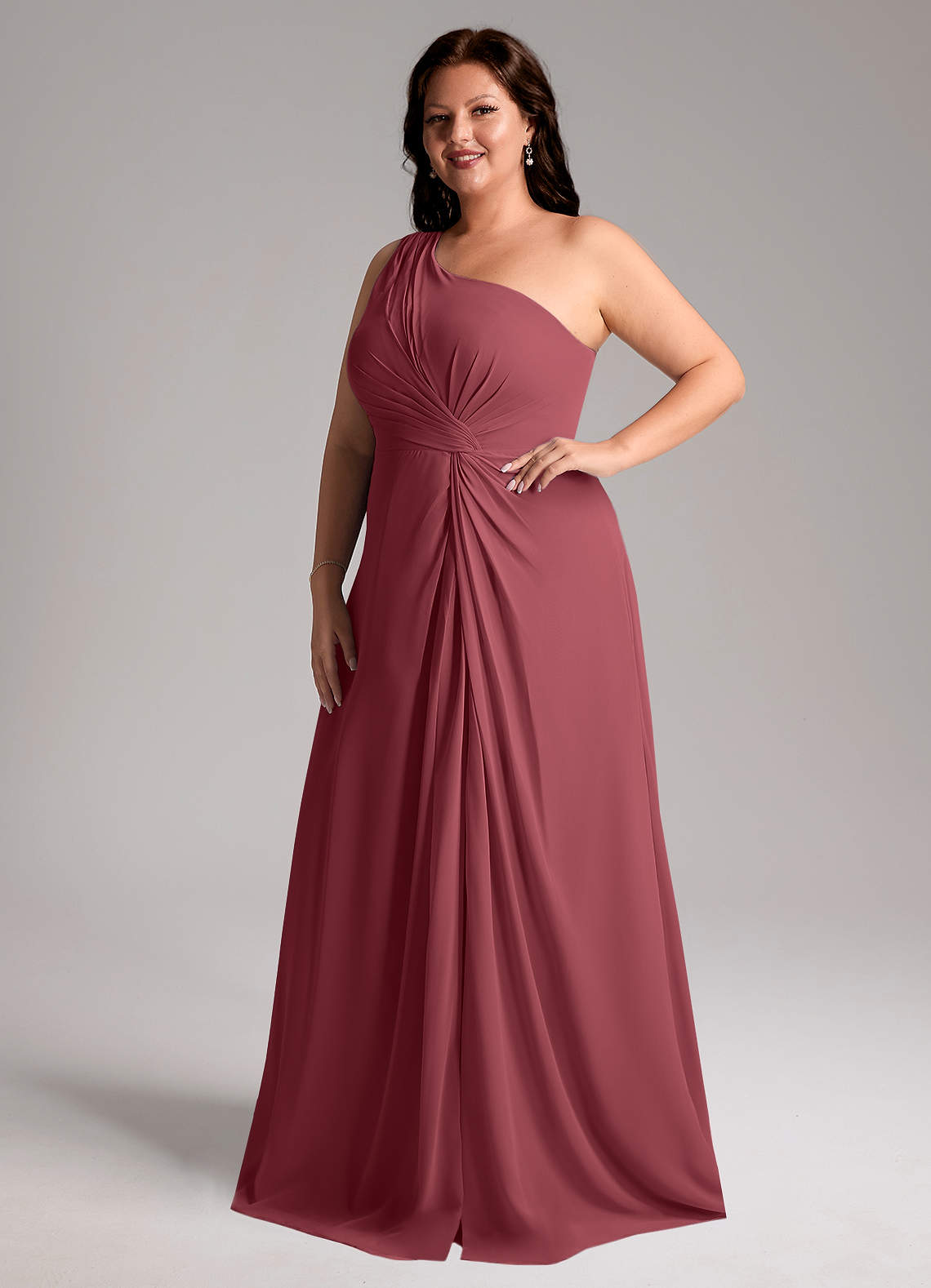 Azazie Brooke Vestidos de damas de honor Vestido de Merlot de Gasa de Corte en A con Hombro unilateral image10