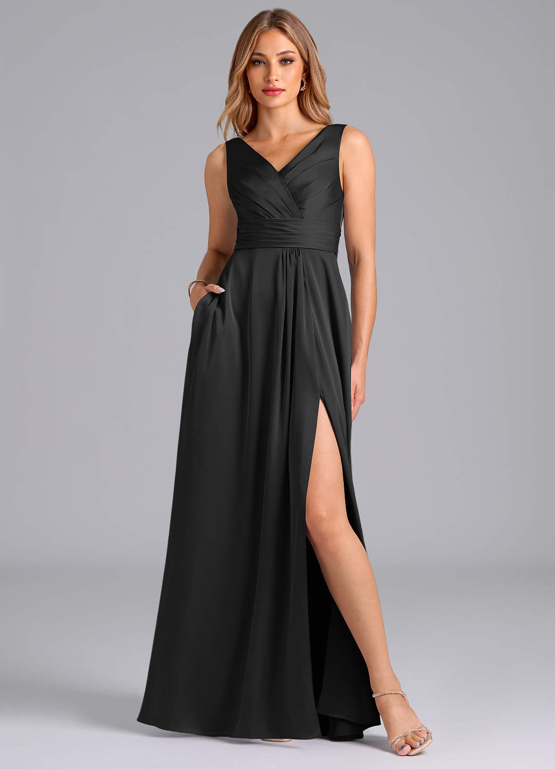 Azazie Karina Brautjungfernkleider A-Linie Plissee Stretch-Satin Kleid Schwarz image1