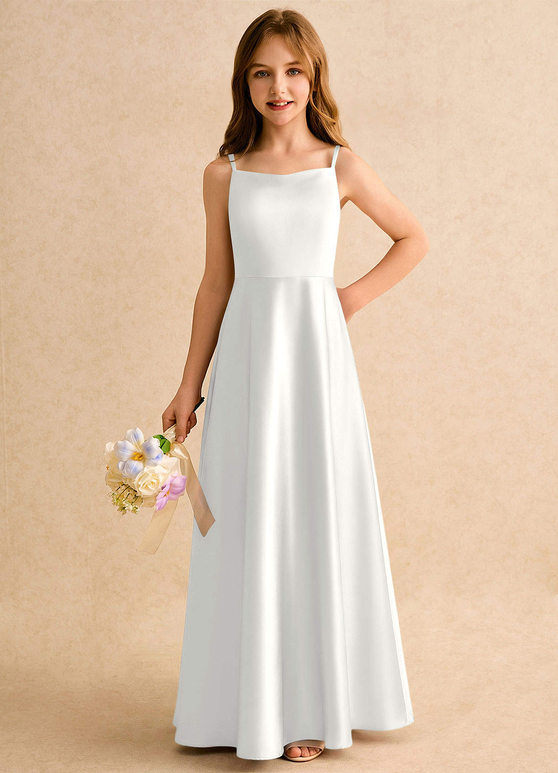 Azazie A-Line/Princess Scoop Neck Floor-Length Stretch Satin First Communion Dresses - White