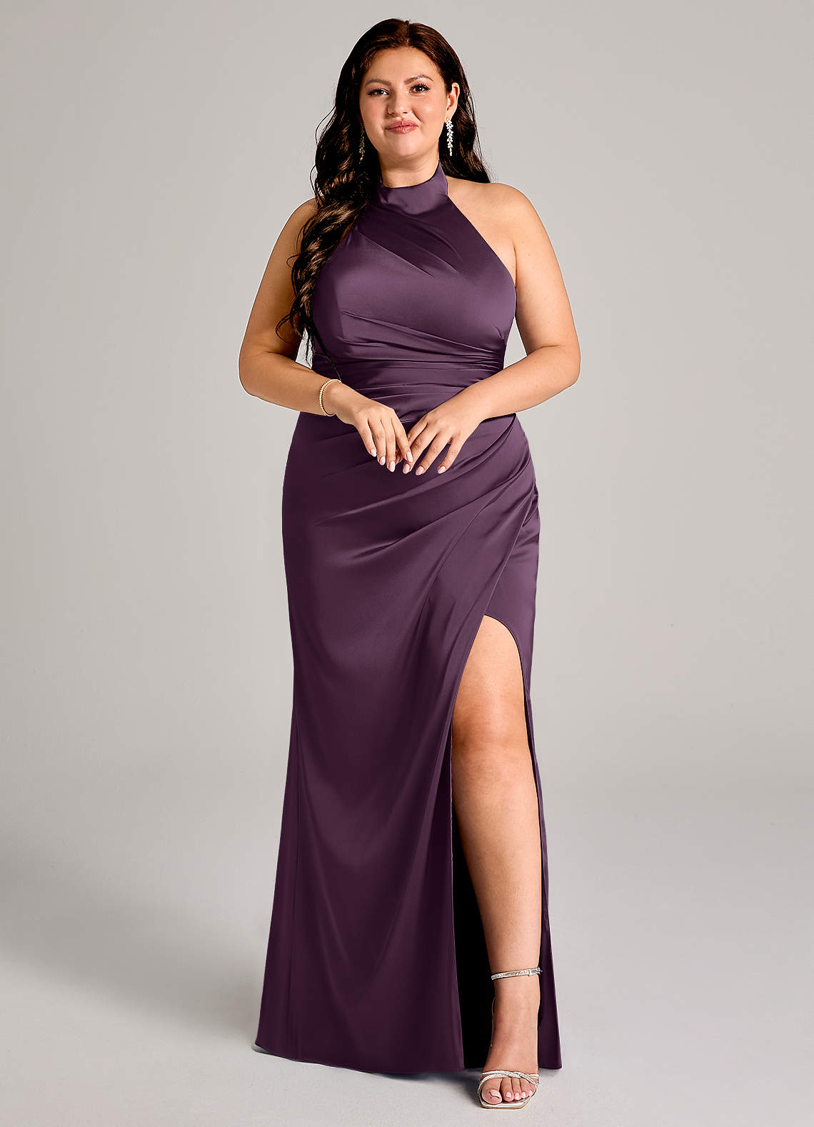 Azazie Jemma Bridesmaid Dresses Plum Sheath Pleated Stretch Satin Dress image1