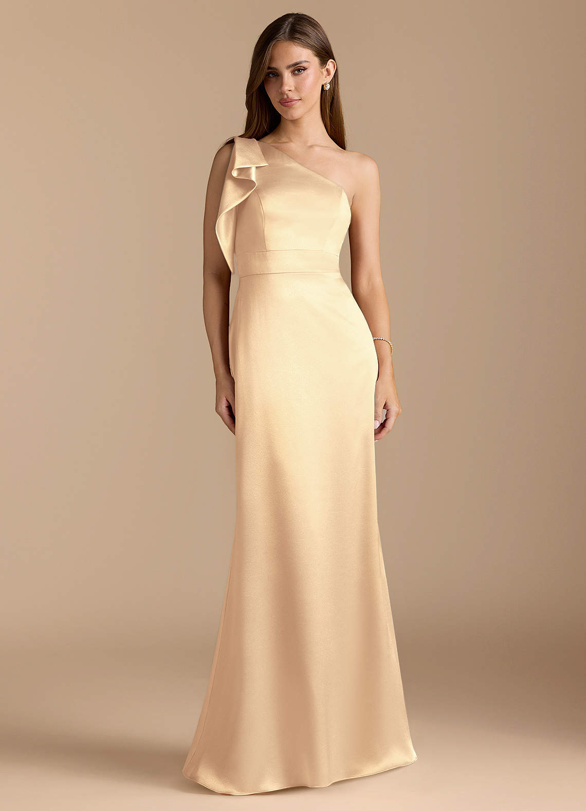 Azazie Rinna Ready to Ship Gold Metallic Satin Bridesmaid Dresses | Azazie