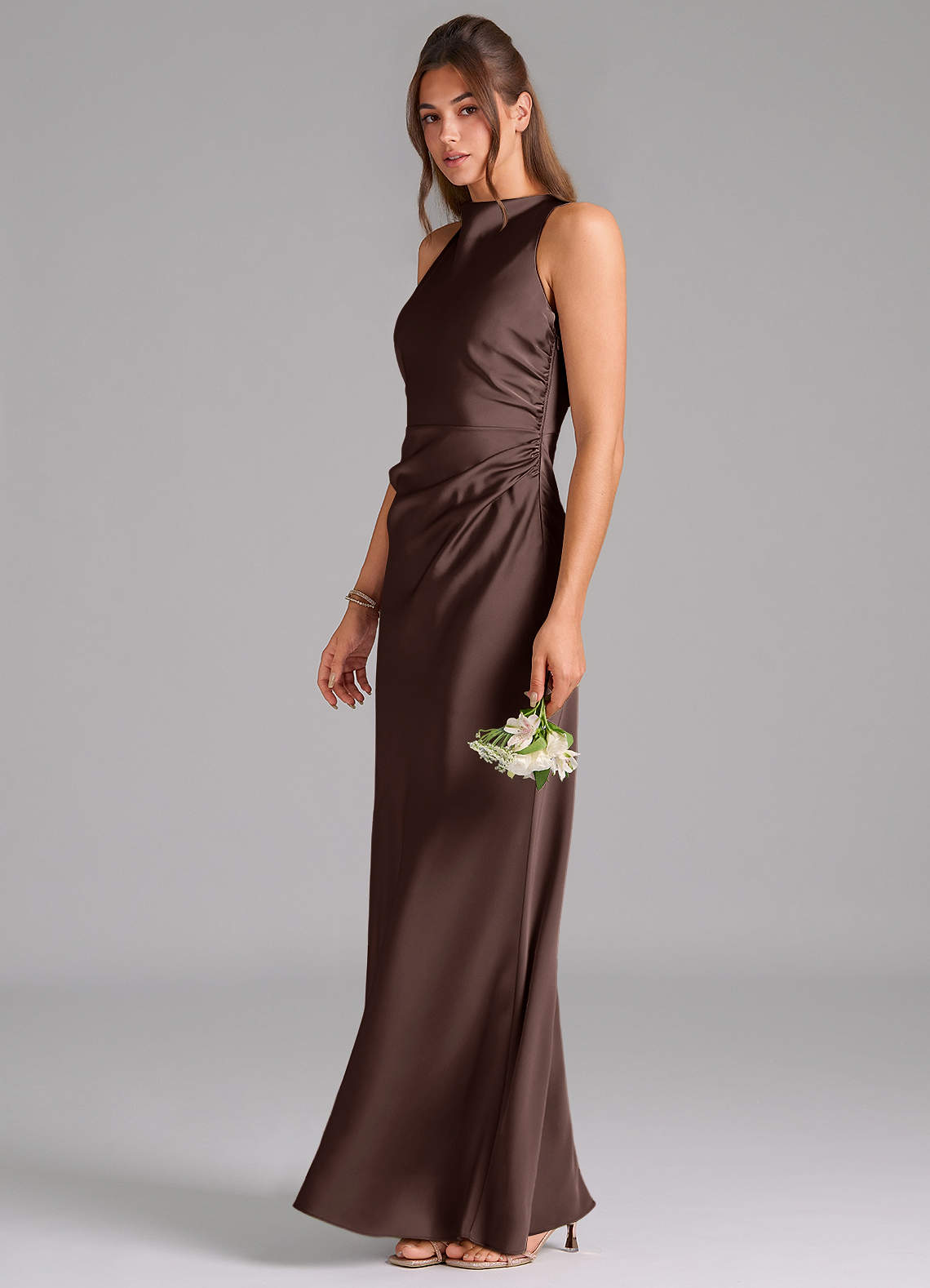 Azazie Evadne Bridesmaid Dresses Ganache Sheath Pleated Stretch Satin Dress image1