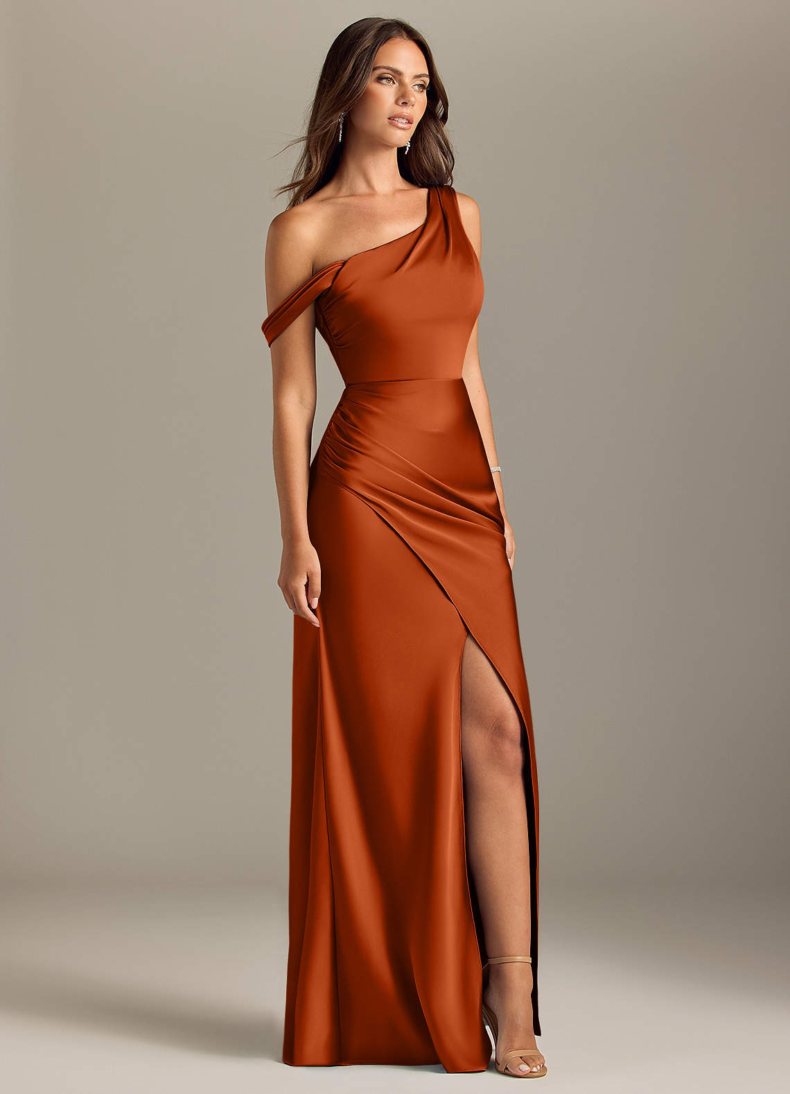 Azazie Madelyn Bridesmaid Dresses Burnt Orange Mermaid Off the Shoulder Stretch Satin Convertible Dress image3