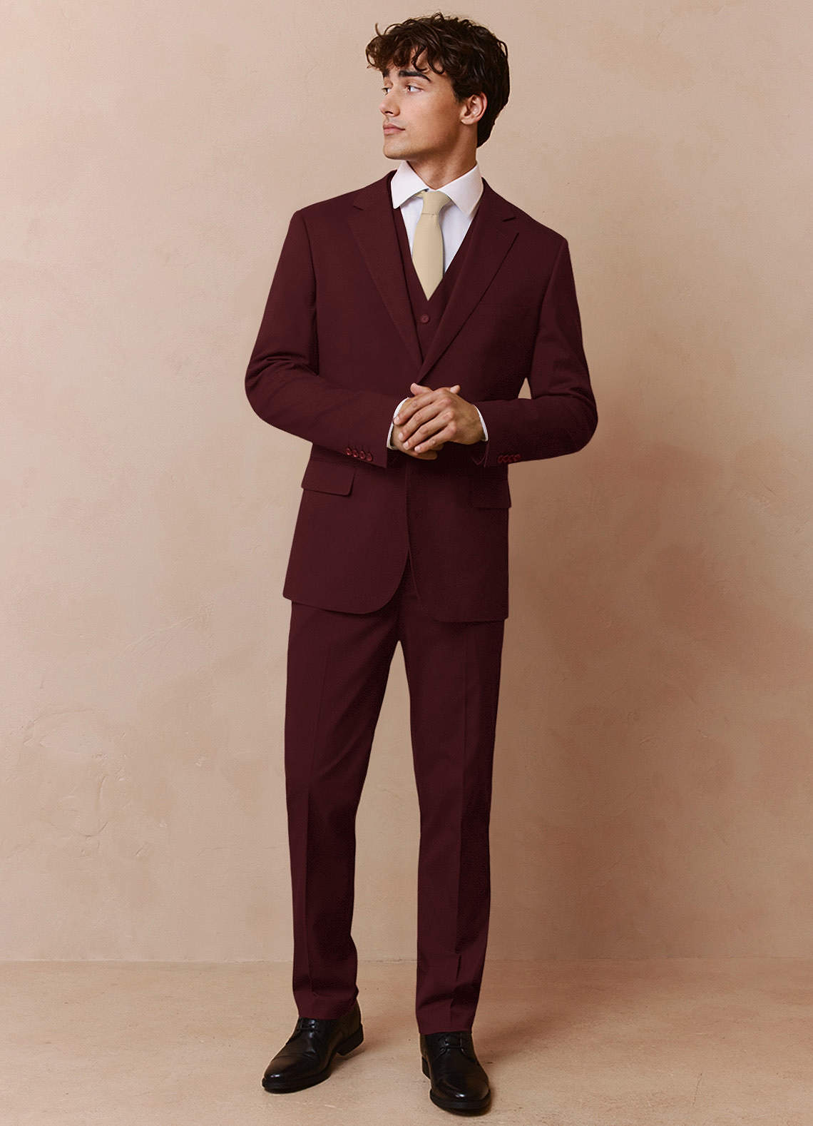 front Savile Burgundy Wool Blend 3-Piece Suit