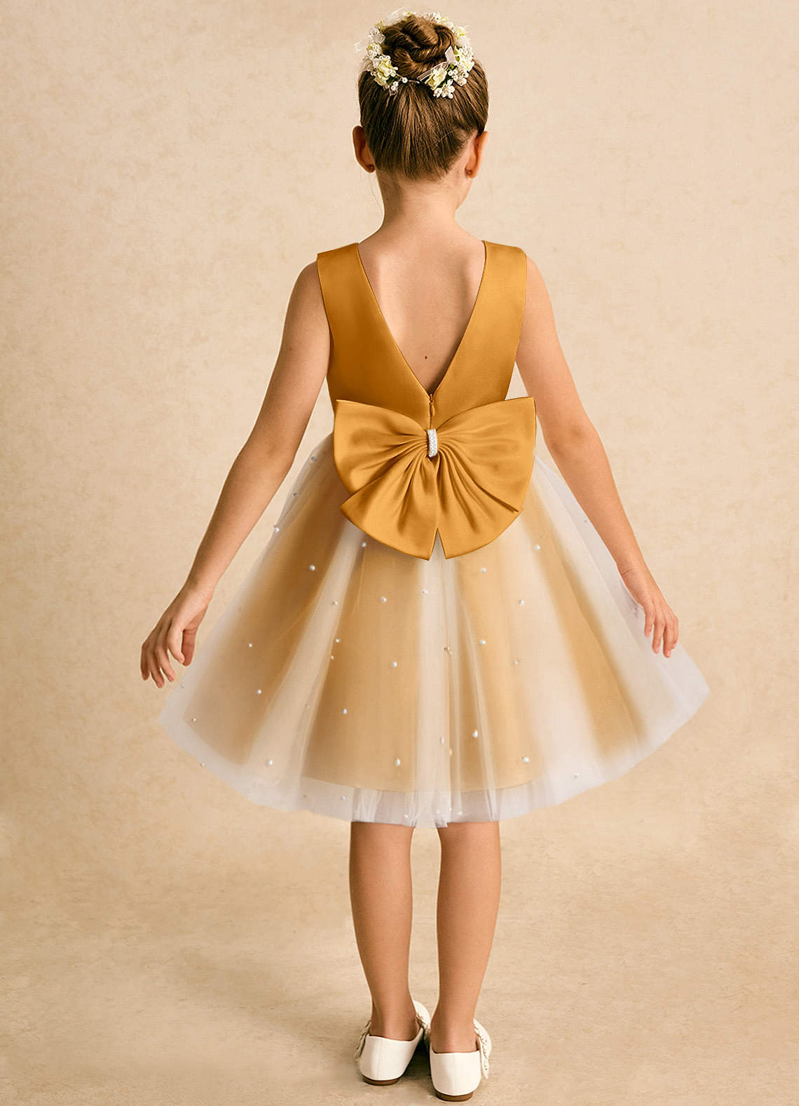 elegant gold knee length dress Elegant Knee-Length Dress with Long Sleeves & Gold Button Waist Detail –  MimiStylez main image 1