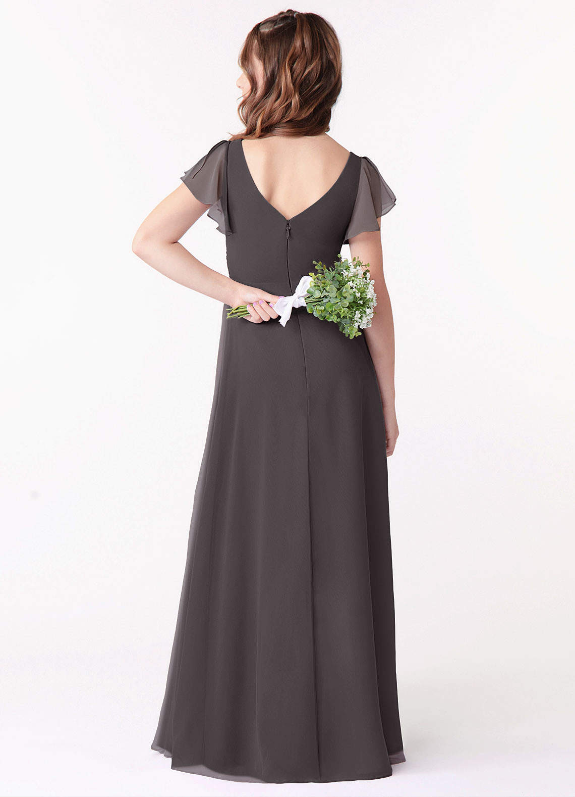 Azazie Omari Junior Steel Grey A-Line Ruched Chiffon Dress image1