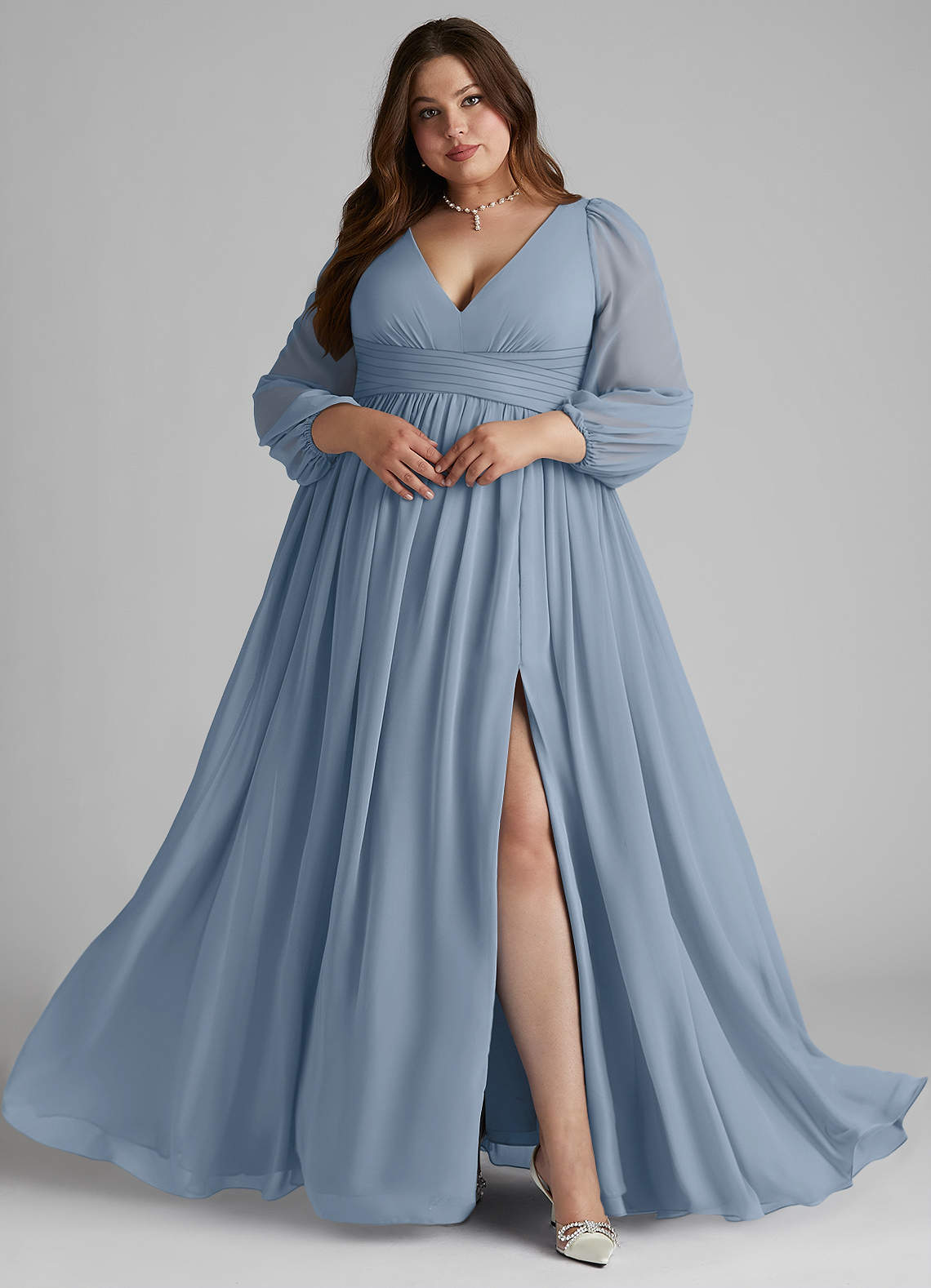 Azazie Norah Bridesmaid Dresses Dusty Blue A-Line V-Neck Long Sleeve Chiffon Dress image7