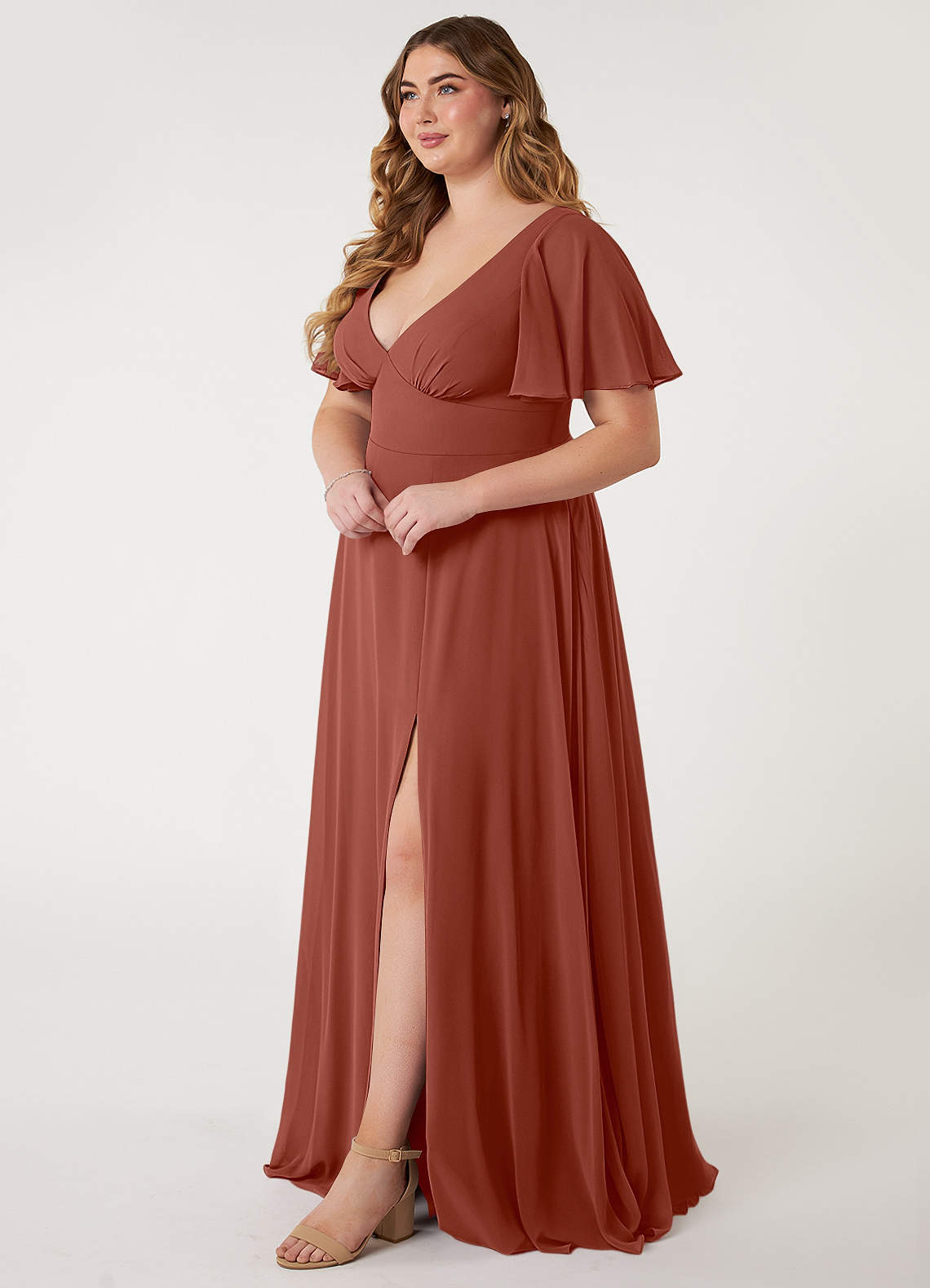 Azazie Kimber Bridesmaid Dresses Auburn A-Line Flounce Sleeve Chiffon Dress image6