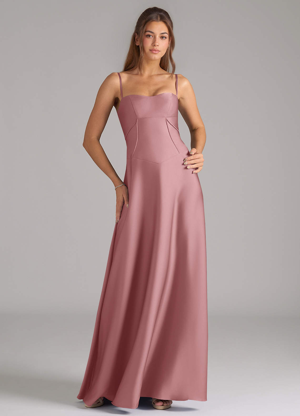 Azazie Valentine Bridesmaid Dresses Dusty Rose A-Line Corset Stretch Satin Dress image1