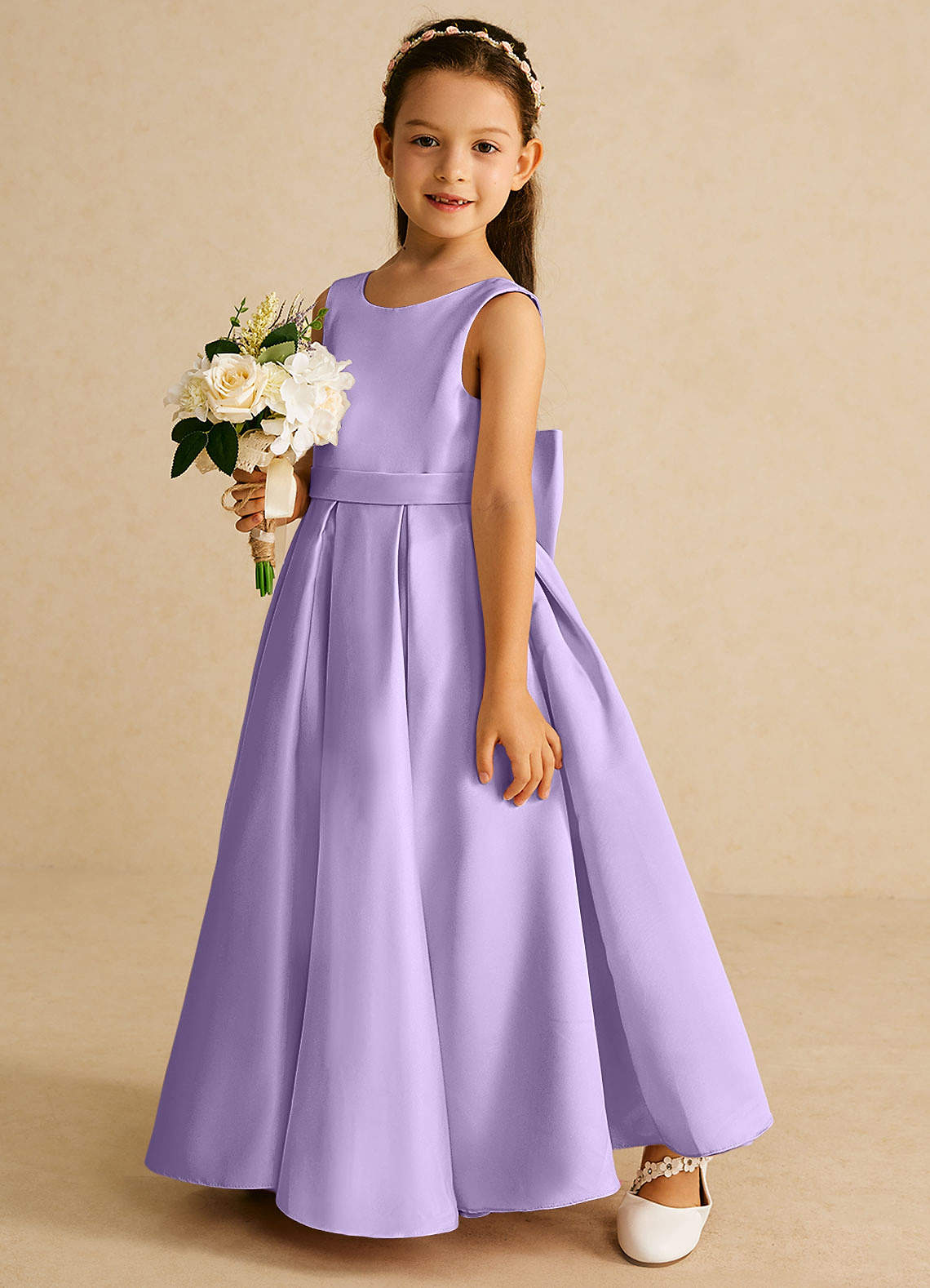 Azazie Pipsy vestidos de niña de las flores Vestido de Lila de Satin Mate de Corte En A con Lazo image1