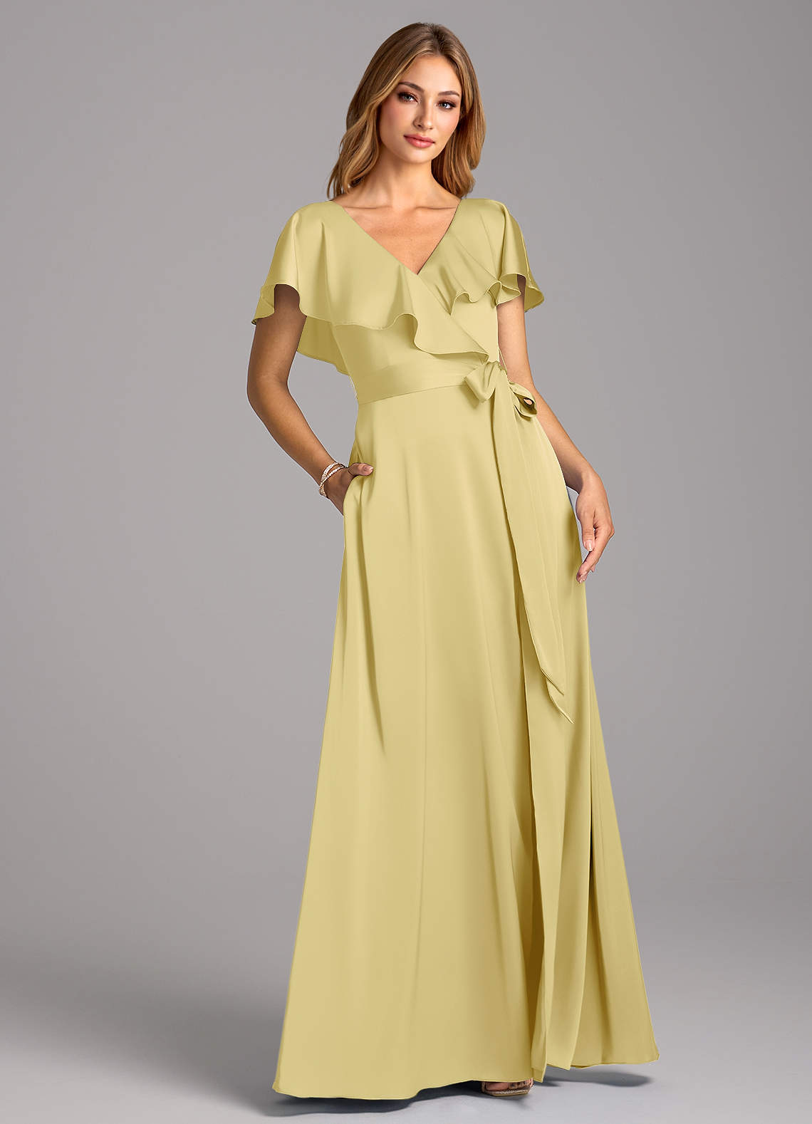 Azazie Lainey Bridesmaid Dresses Lemon Sorbet A-Line with Pockets Stretch Satin Dress image1