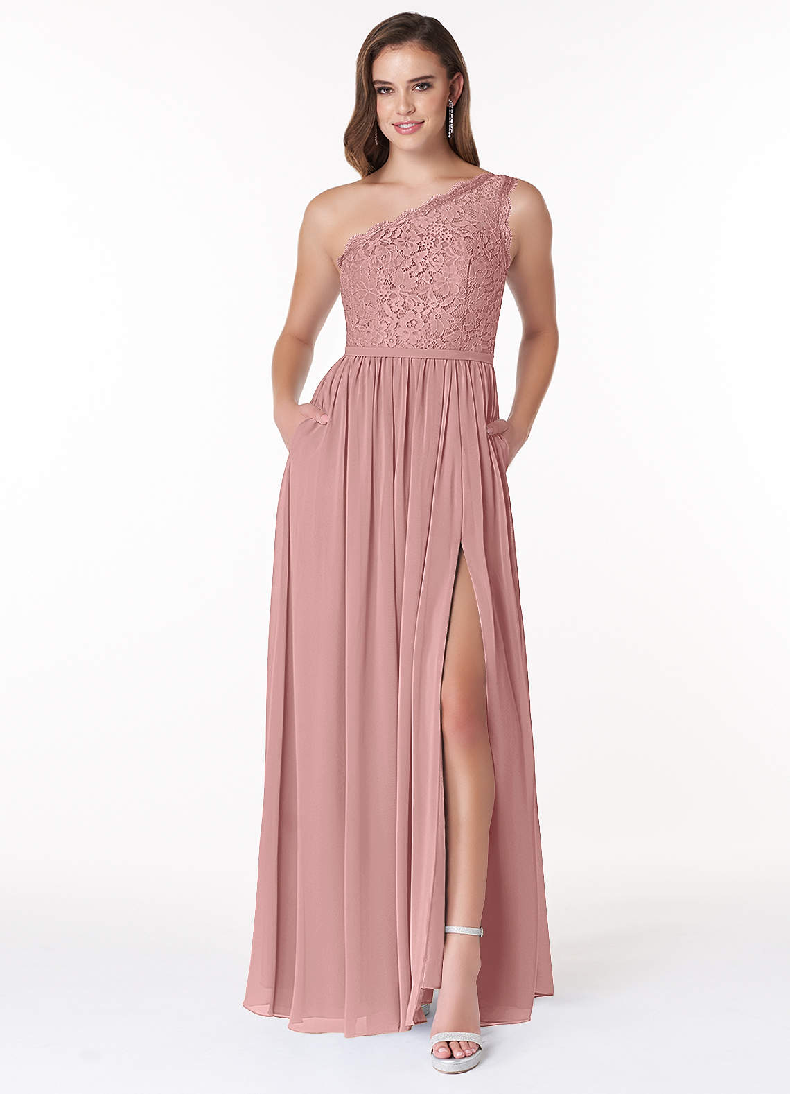 Azazie Demi Bridesmaid Dresses Dusty Rose A-Line One Shoulder Chiffon Dress image1