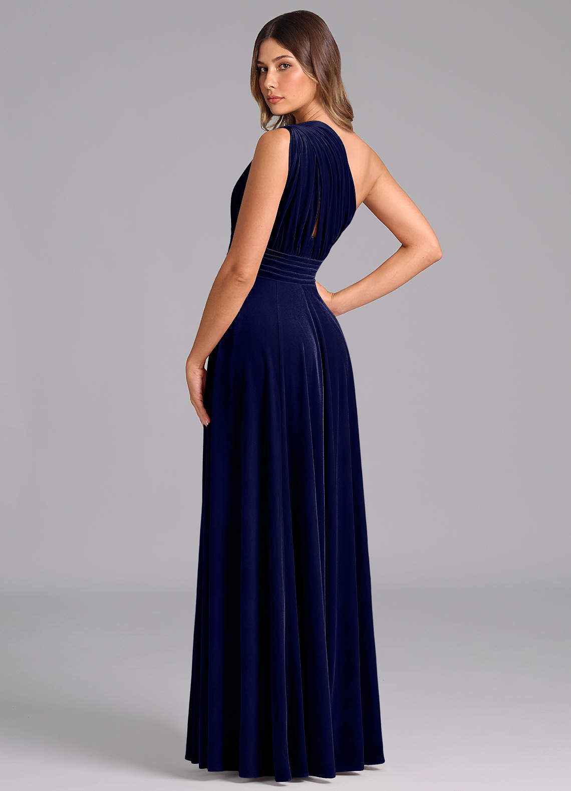 Azazie Charlize Bridesmaid Dresses Dark Navy A-Line One Shoulder Velvet Dress image1