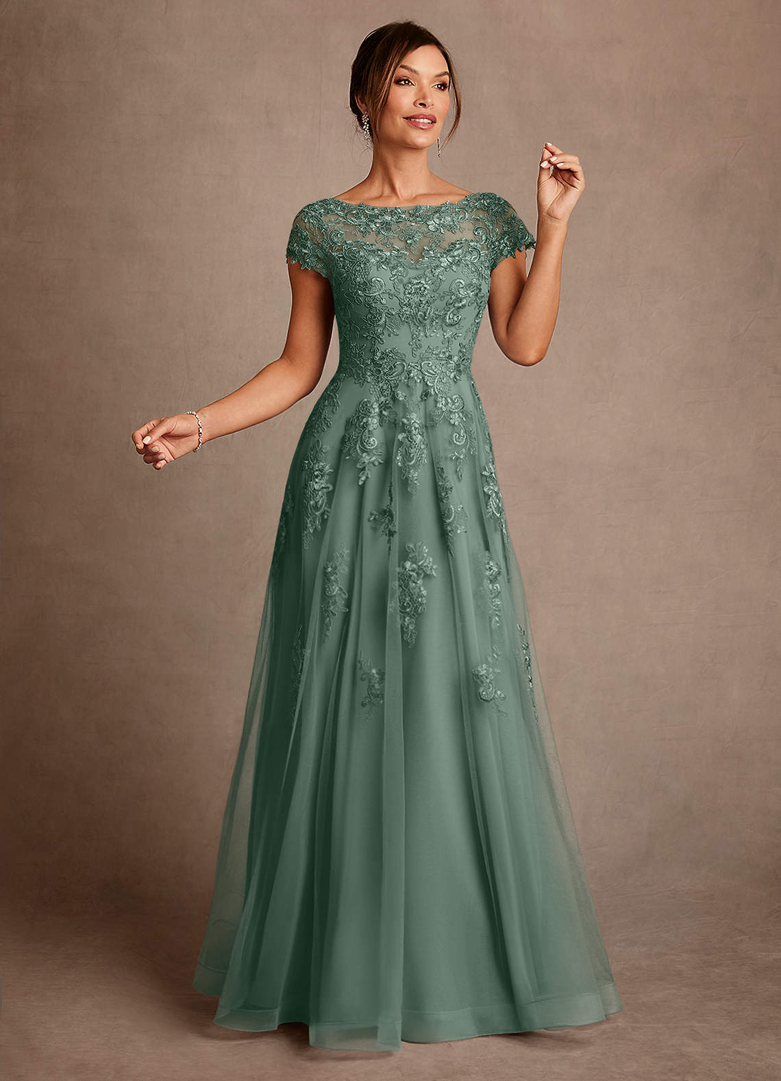 Azazie Jalinda Kleider für die Brautmutter A-Linie Spitze Chiffon Kleid Eukalyptus image2