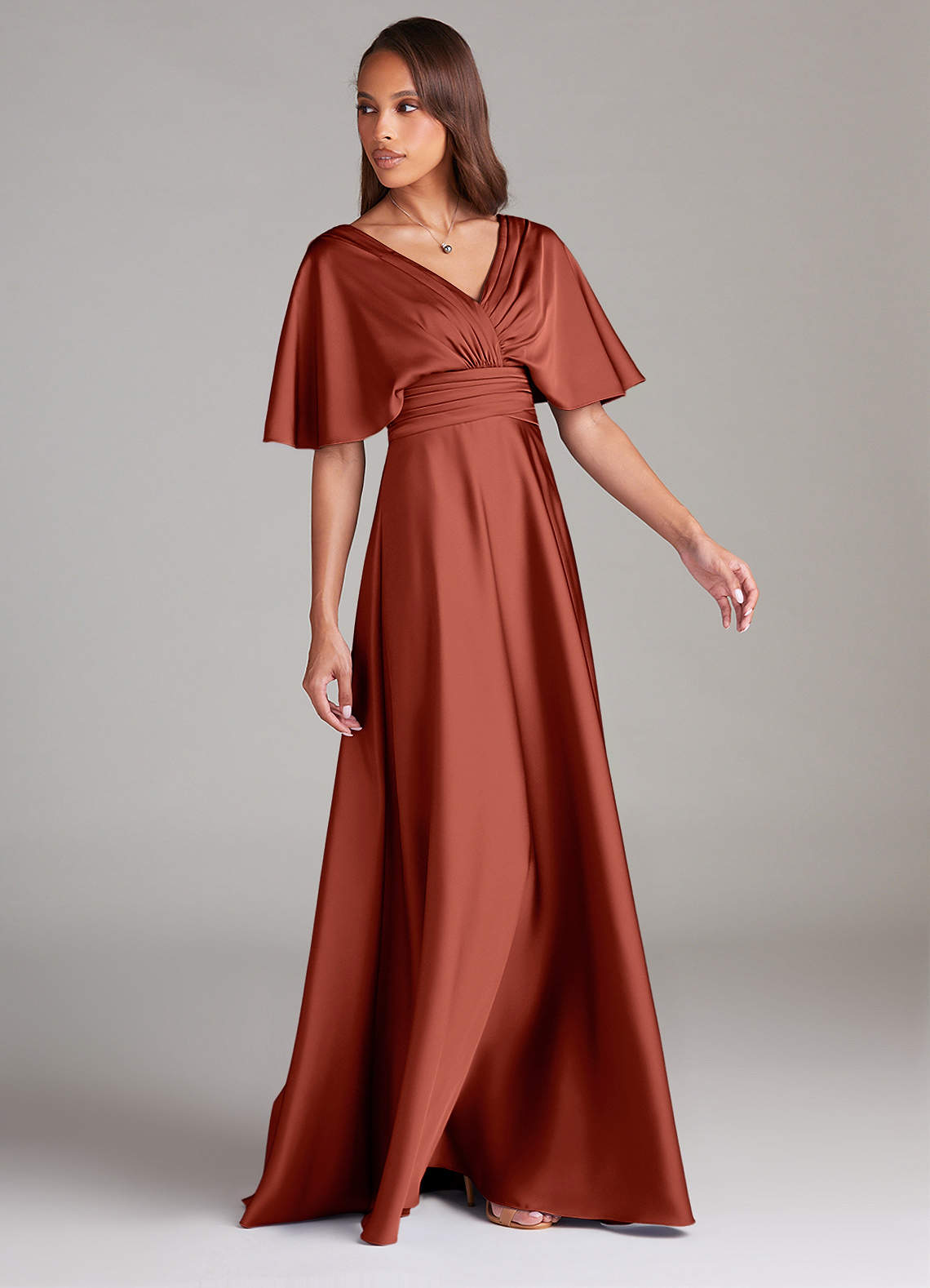 Azazie Pamela Robes de demoiselle d'honneur Robe Trapèze en Satin extensible Plissée Terracotta image2