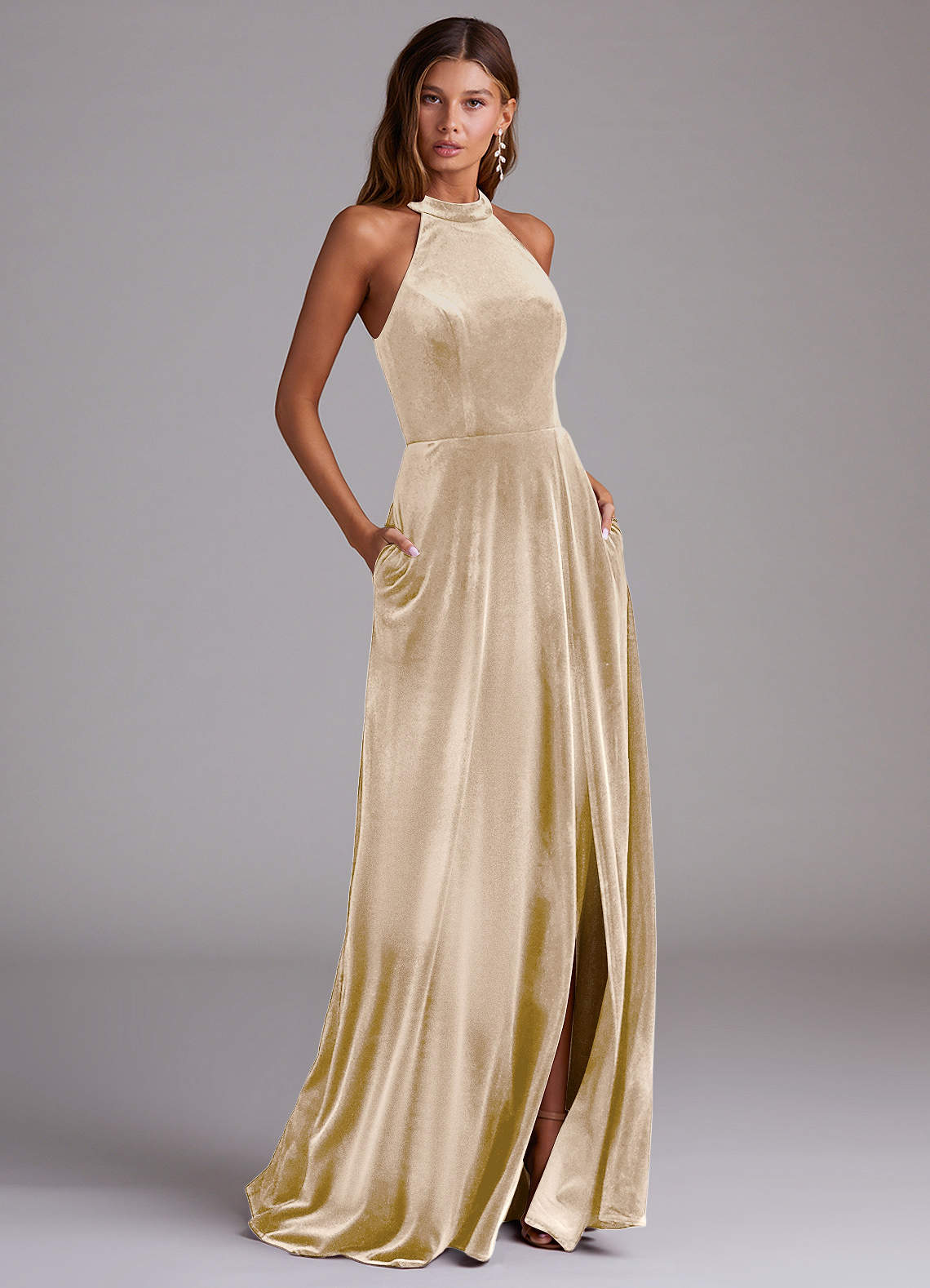 gold velvet bridesmaid dresses Burnished Gold Velvet Bridesmaid Dress Mermaid Maxi Long Sleeve V-Neck