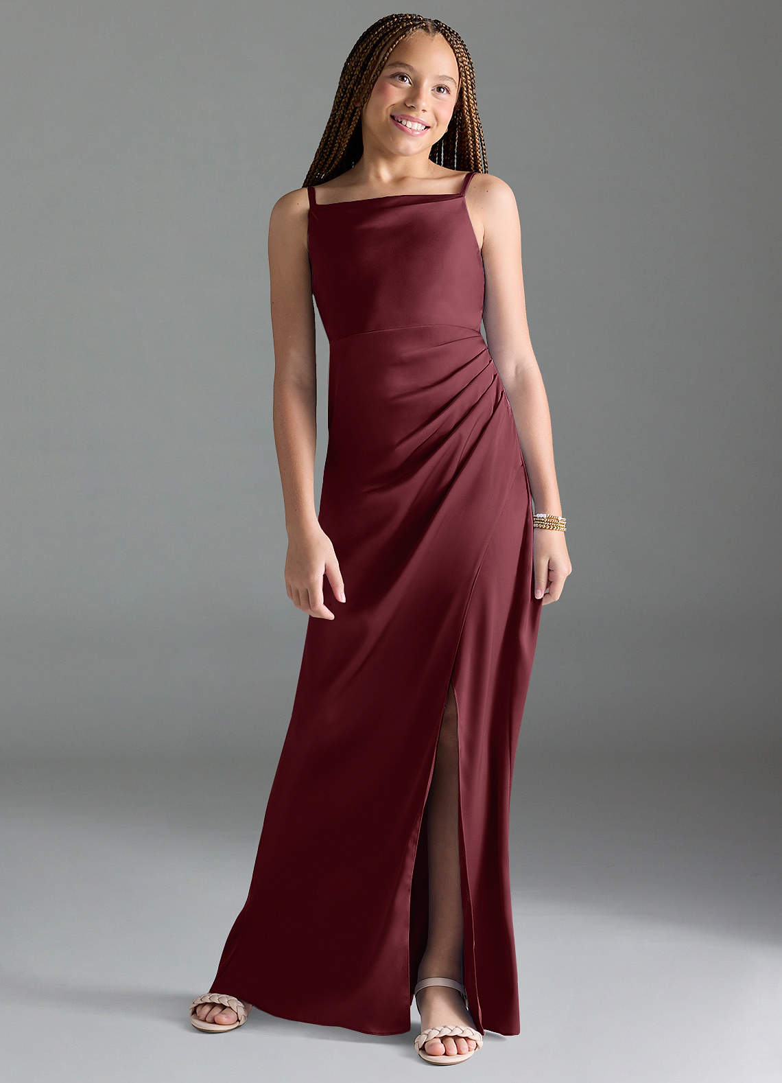 Azazie Leonis Junior Cabernet A-Line Pleated Stretch Satin Dress image1