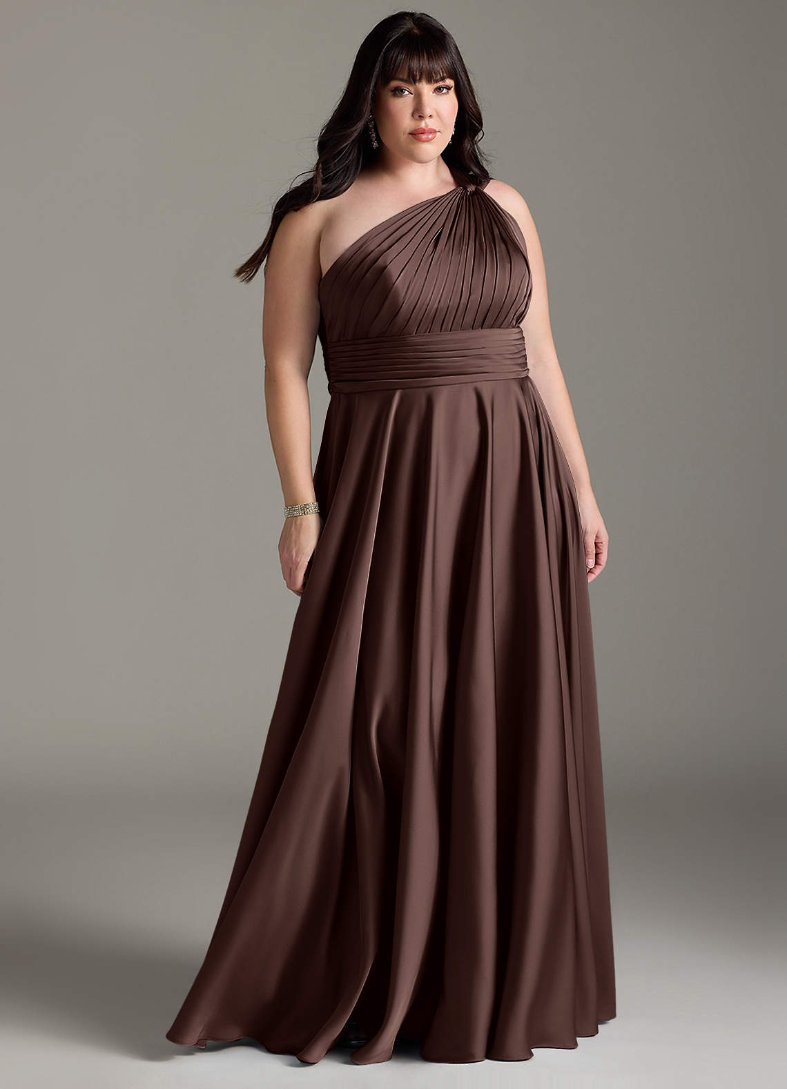 Azazie Charlize Bridesmaid Dresses Ganache A-Line One Shoulder Stretch Satin Dress image1