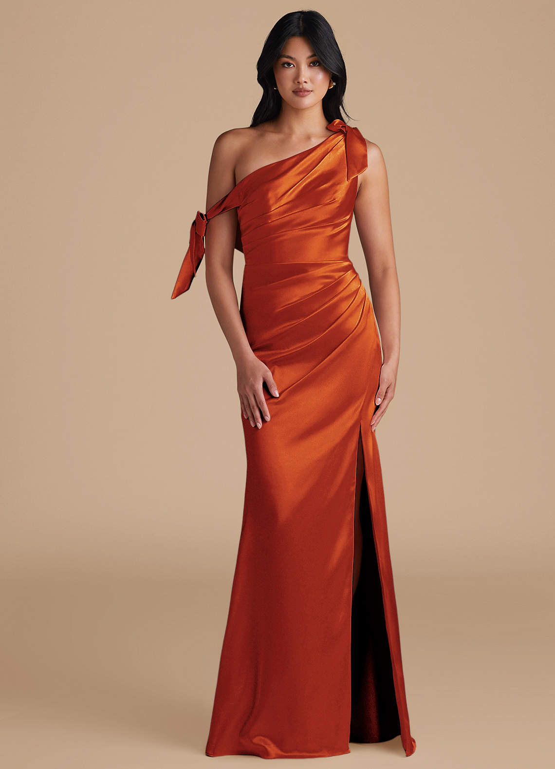 Azazie Xyla Bridesmaid Dresses Paprika Sheath Off the Shoulder Metallic Satin Convertible Dress image1