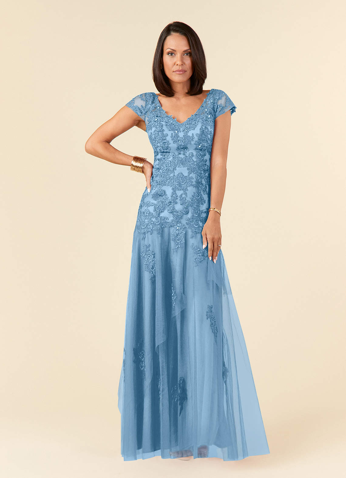 Azazie Romy Mother of the Bride Dresses Steel Blue Mermaid V-Neck Sequins Tulle Dress image1
