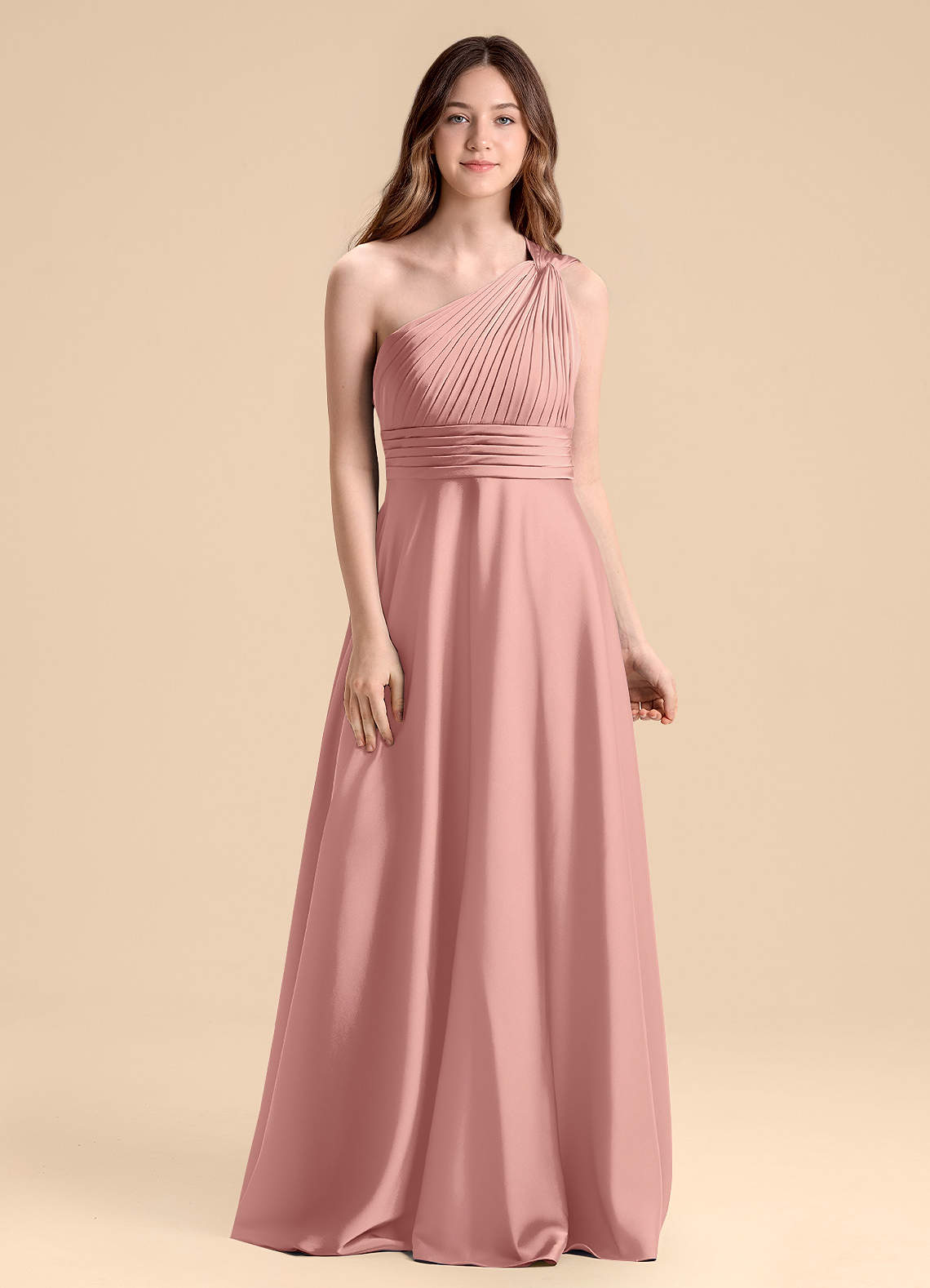 Azazie Charlize Junior Rosette A-Line Pleated Stretch Satin Dress image1