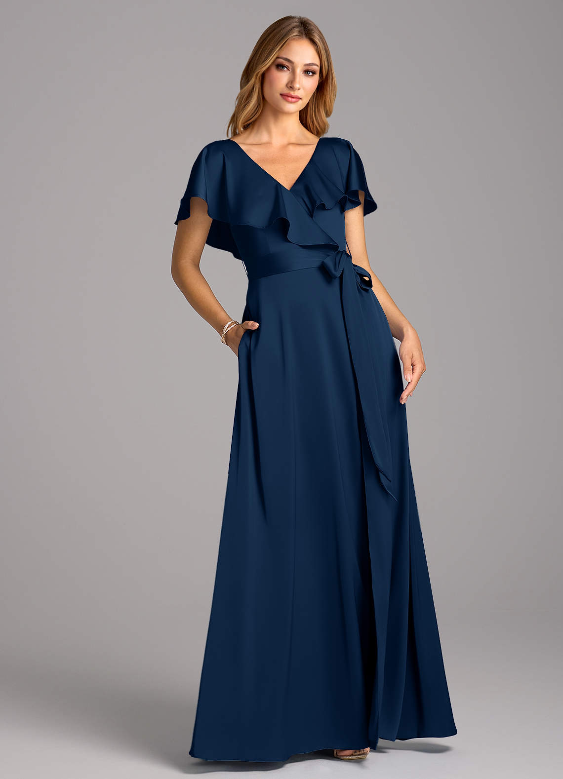 Azazie Lainey Vestidos de damas de honor Vestido de Azul Marino Oscuro de Satén Elástico de Corte en A con Con bolsillos image1