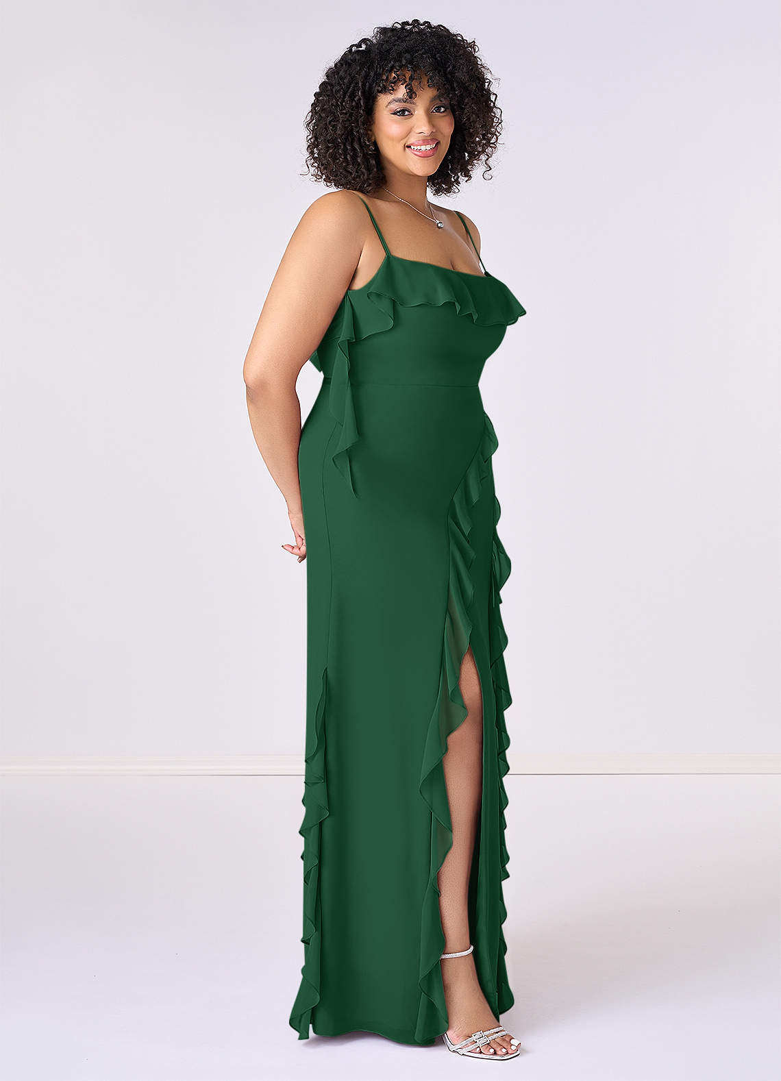 Deep V-Neck A-line Ruffle Open Back Dresses Dark Green