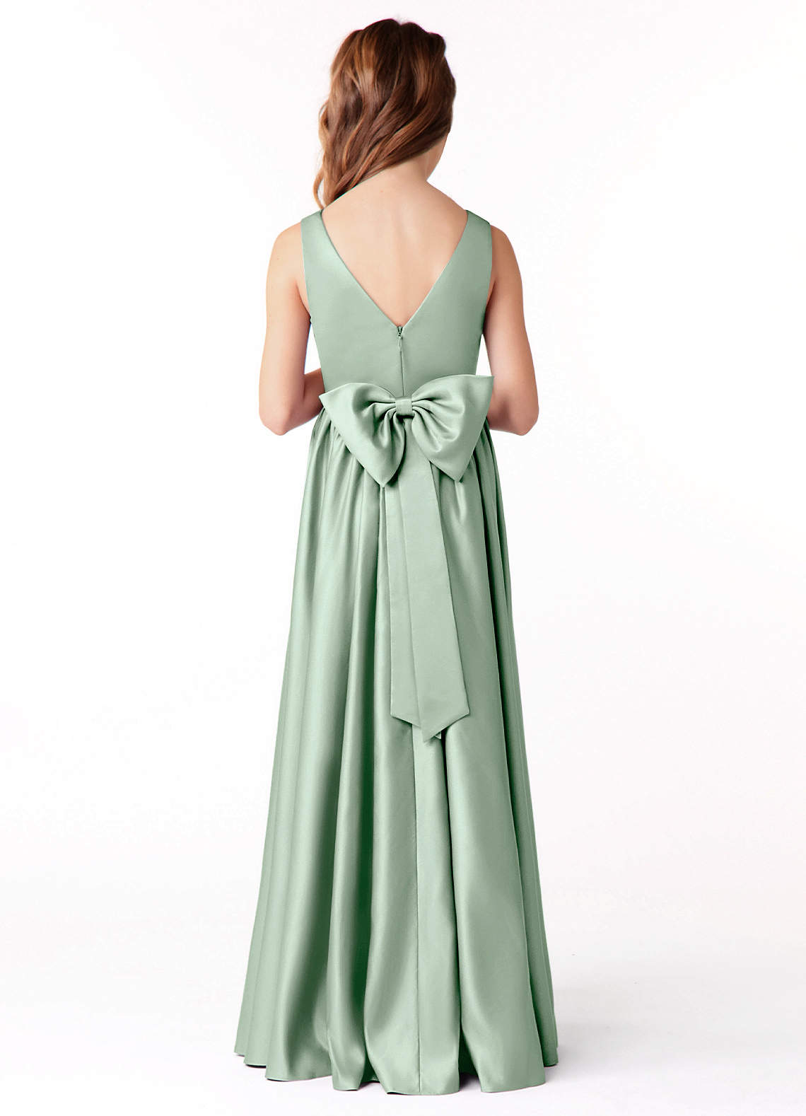 Azazie Hathaway Junior Robe Trapèze en Satin extensible Arc Agave image1