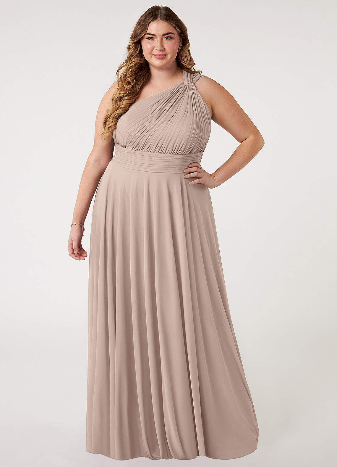 Azazie Charlize Bridesmaid Dresses Taupe A-Line One Shoulder Mesh Dress image1