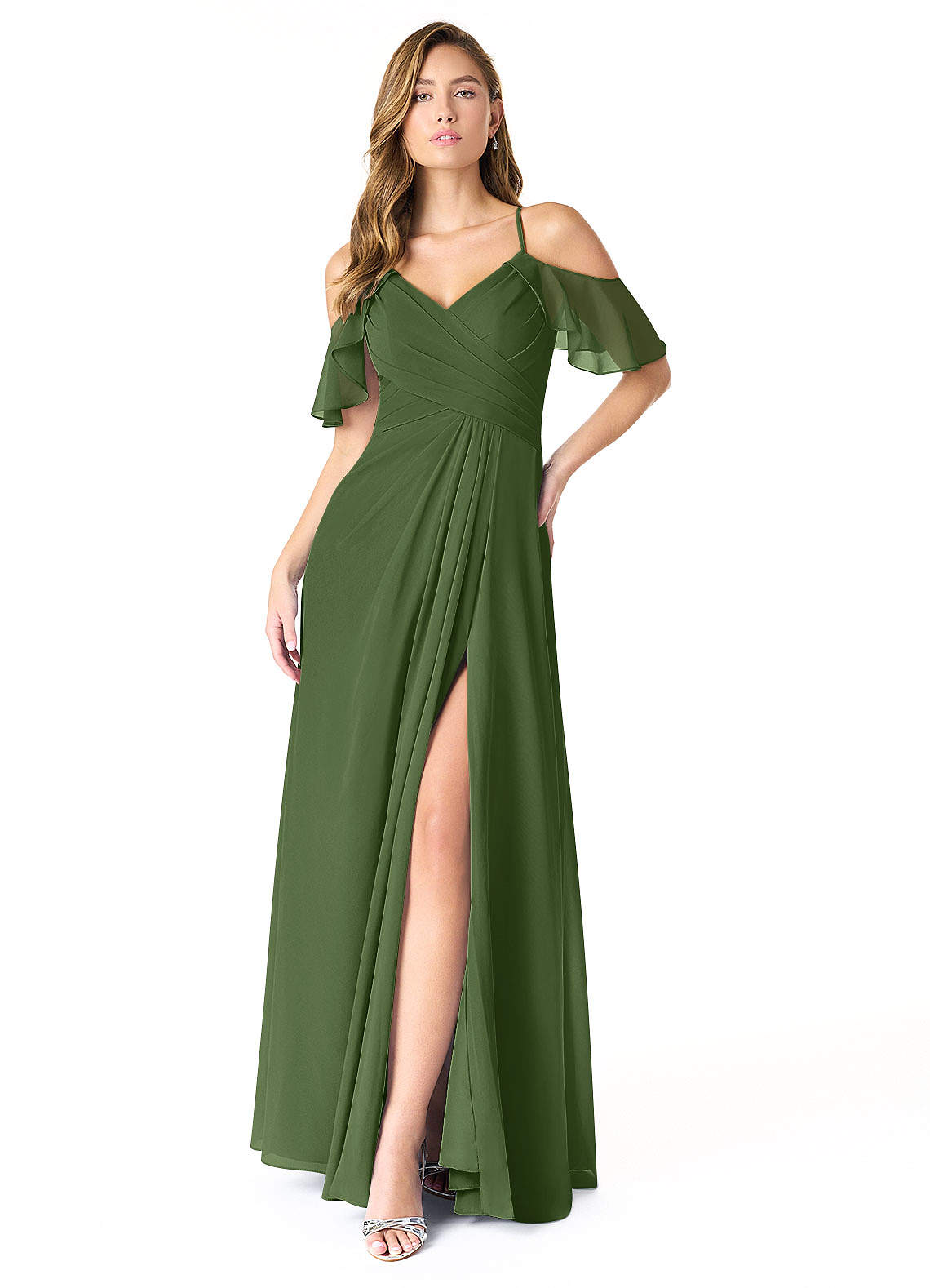 Azazie Dakota Abiti da Damigella Abito A-Line in Chiffon con Scollo a V a Pieghe Oliva image1