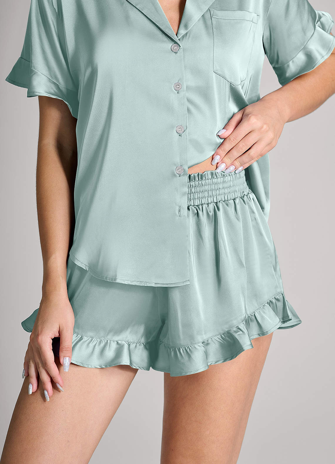 front Matching Color Ruffled Satin Short Sleeve Pajama Set