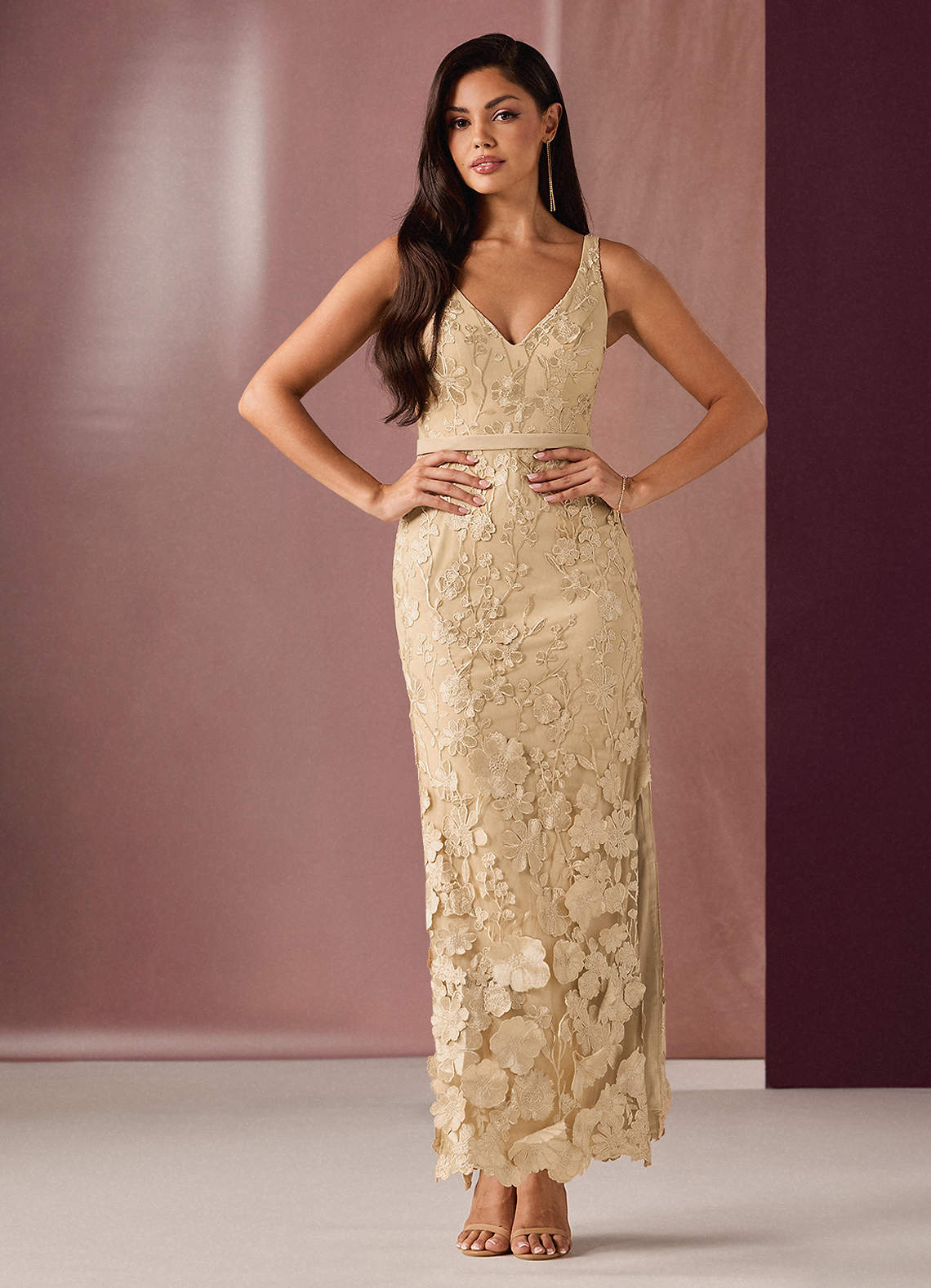 Calista Champagne Floral Maxi Dress | Azazie