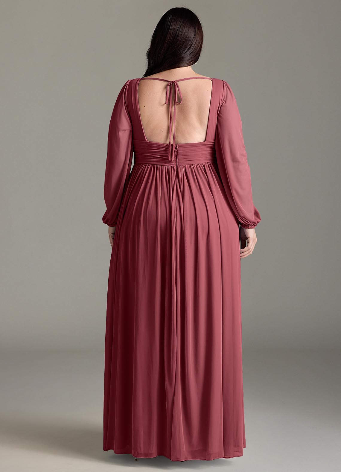 Azazie Norah Vestidos de damas de honor Vestido de Merlot de Gasa de Corte en A con Manga larga con cuello en V image6