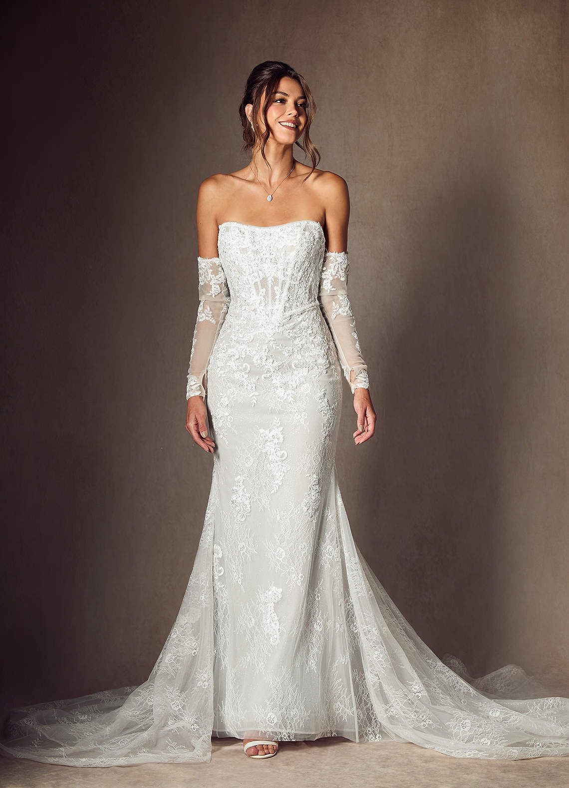Azazie Caitlin Wedding Dresses Diamond White Mermaid Strapless Lace Dress image3
