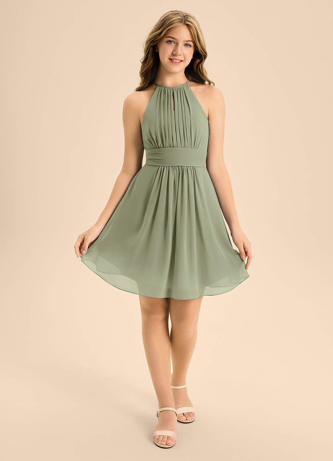 Azazie Bonnie Junior Pistachio A-Line Pleated Chiffon Dress image1