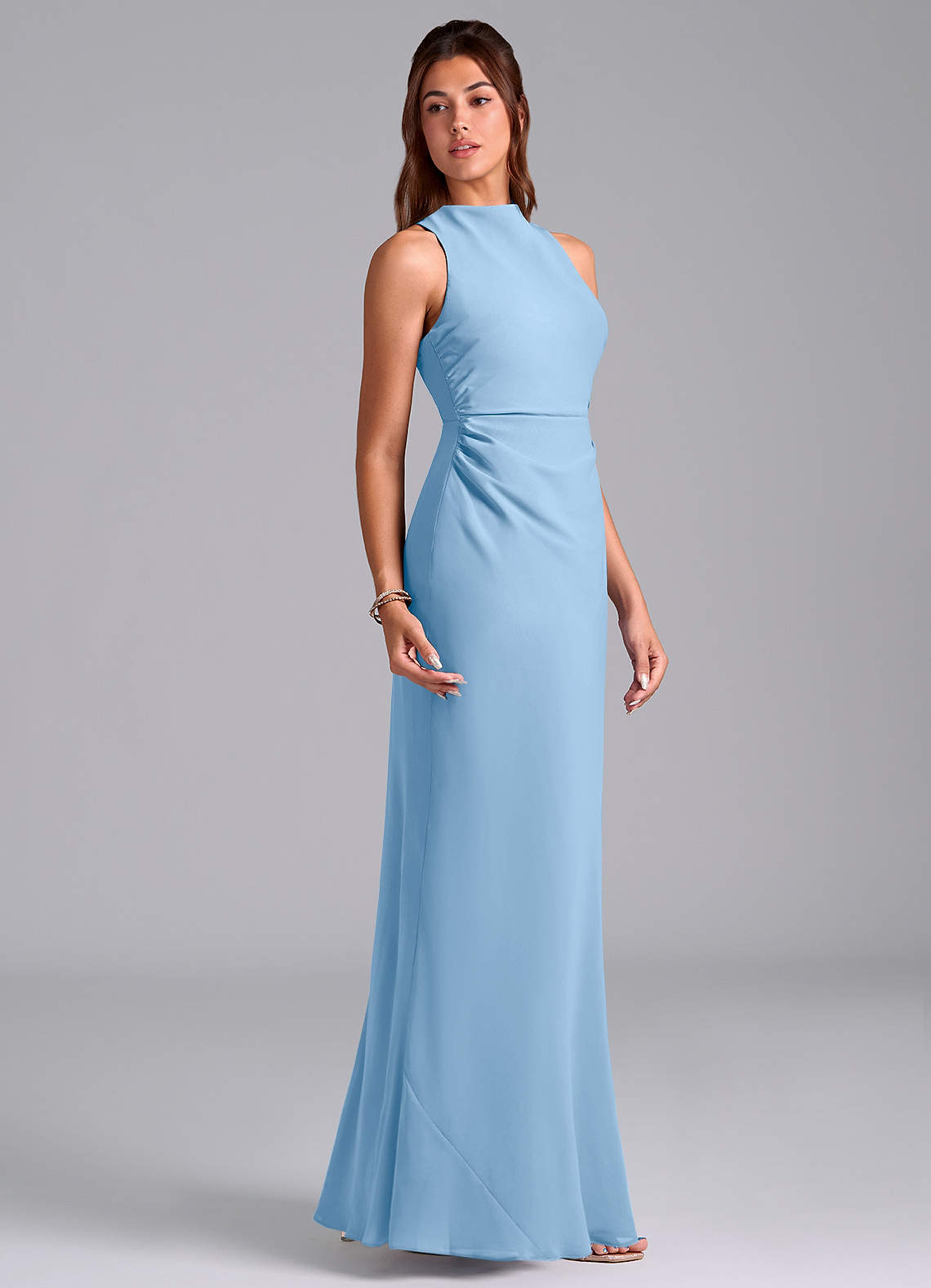 Azazie Evadne Jurken voor bruidsmeisjes Jurk van Chiffon met Kolom Geplooid Poederblauw image3