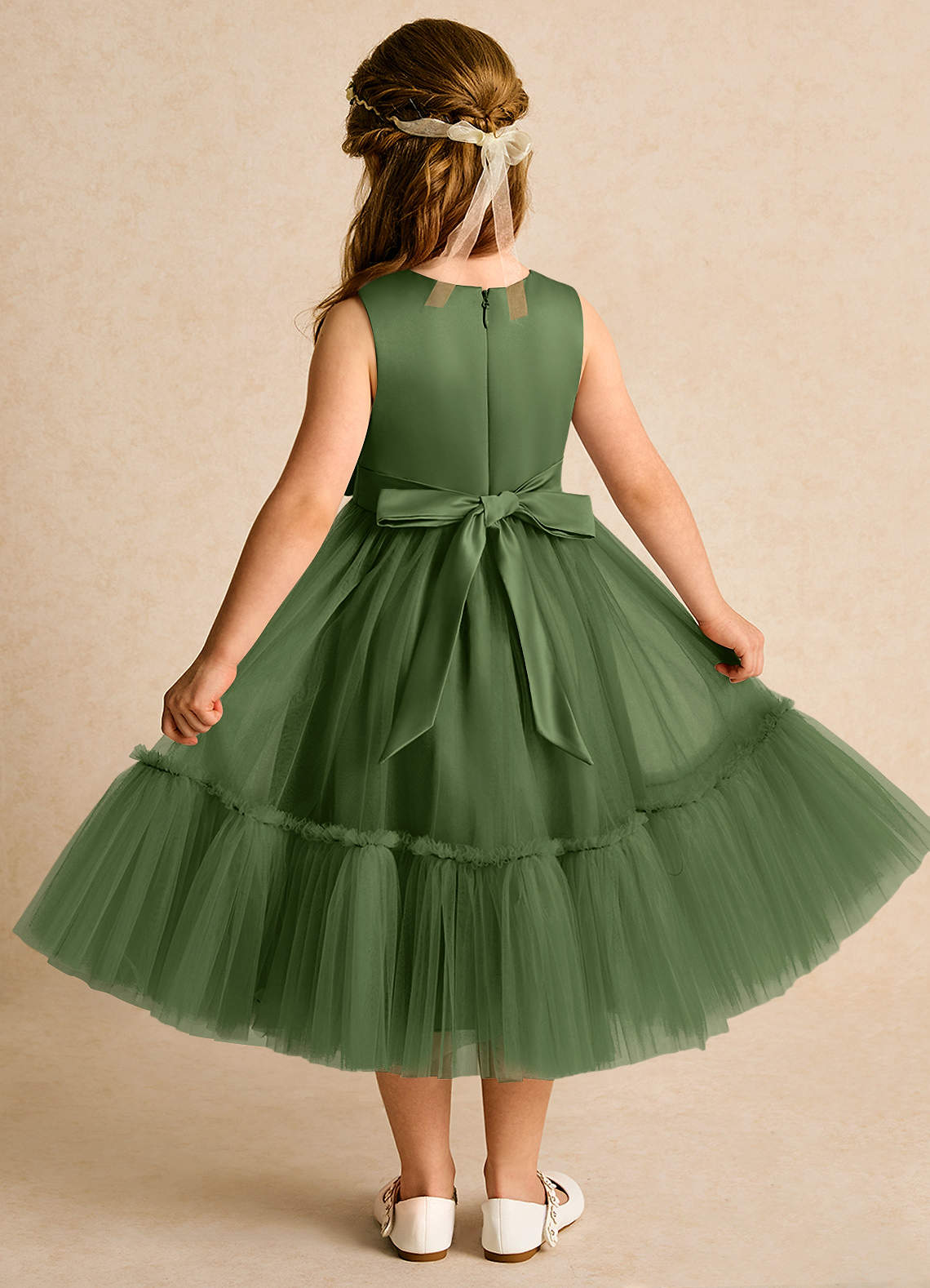 Azazie Miracle Flower Girl Dresses Olive A-Line Bow Matte Satin Dress image1