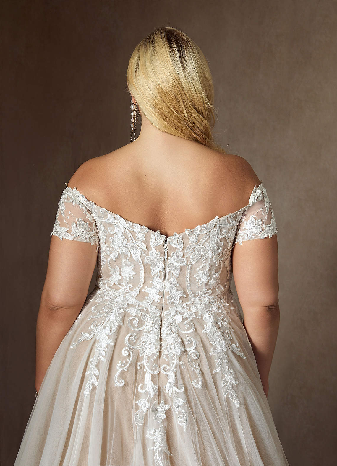 Azazie Rowe Wedding Dresses Diamond White Nude Ball-Gown Off the Shoulder Tulle Dress image5