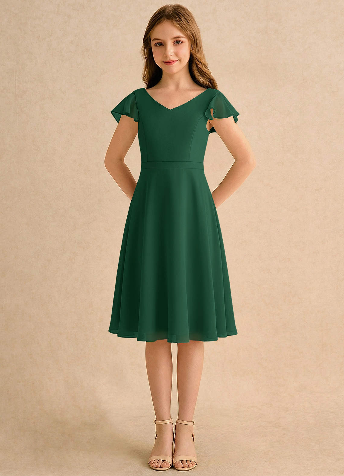 green chiffon dress knee length Azazie A-Line/Princess V-Neck Knee-Length Flower Girl Dresses formal knee length green dress