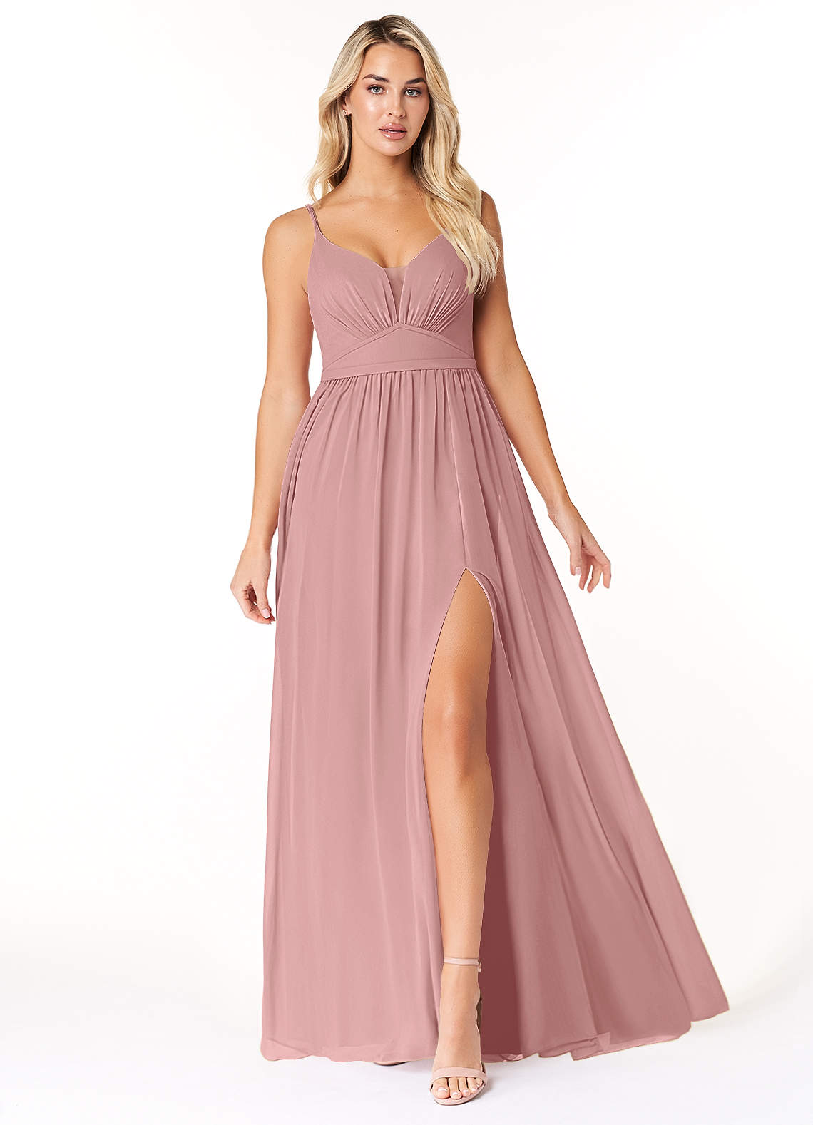 Azazie Rayna Vestidos de madrinha de casamento Vestido Rosa Empoeirada de Chiffon de Linha A com Plissado image1