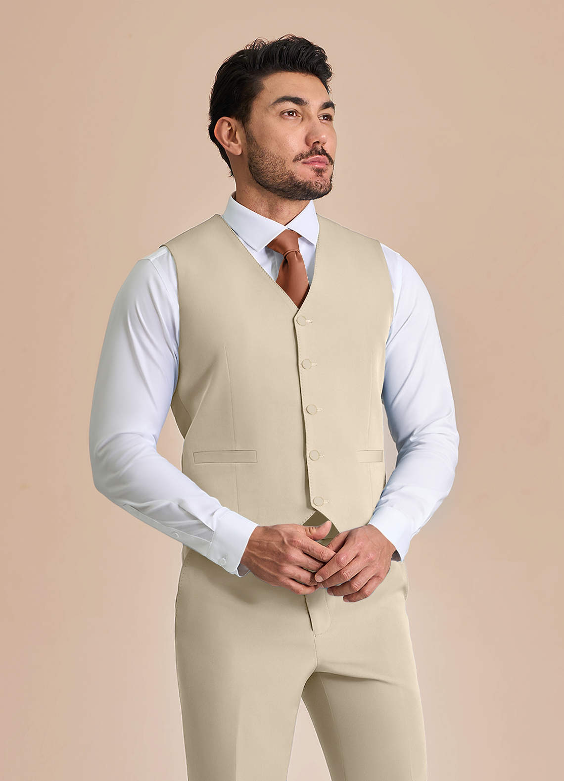front James Tan Structured Stretch Suit Vest