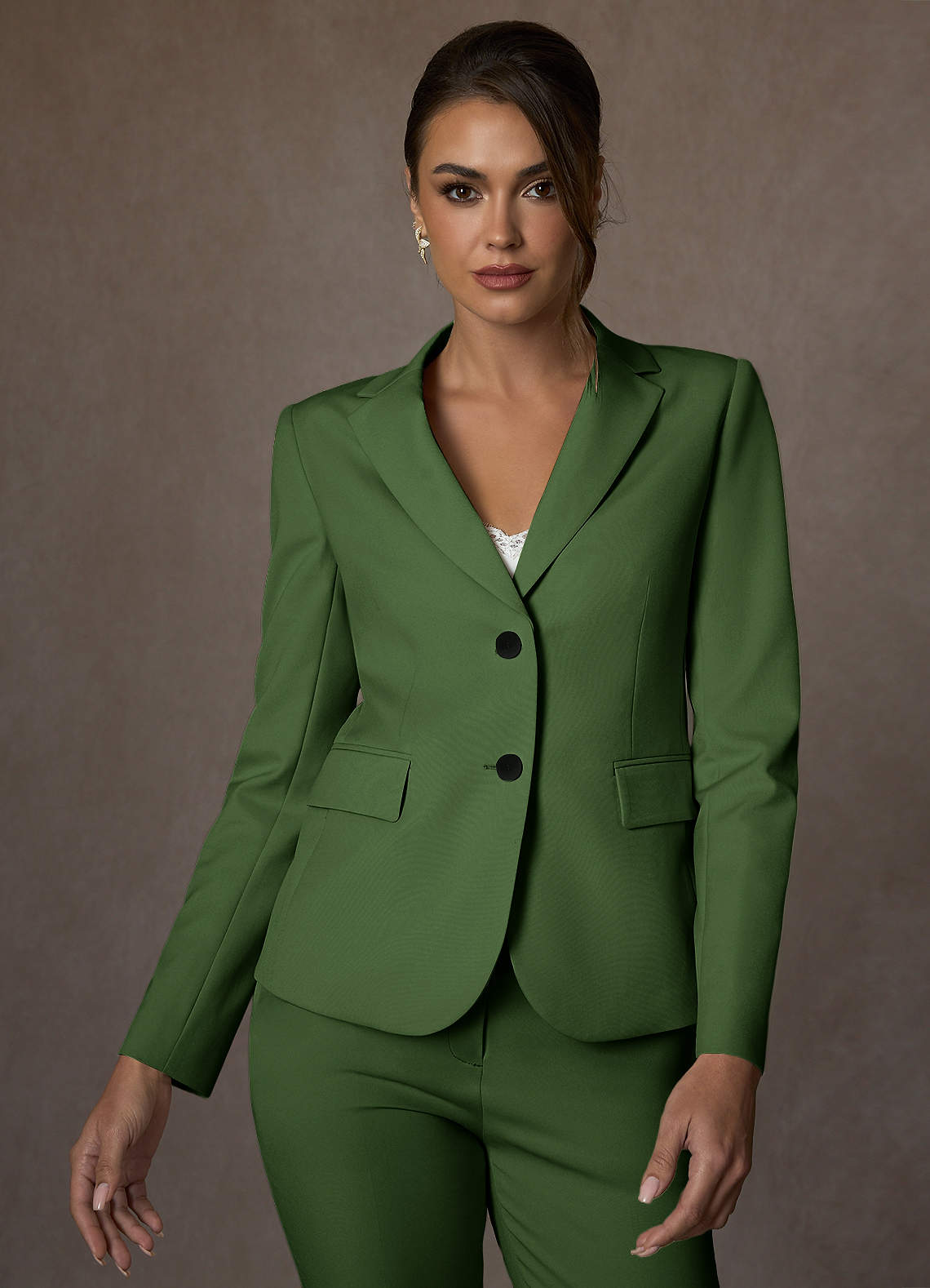 front Whitney Olive Structured Stretch Full Length Pants Suit