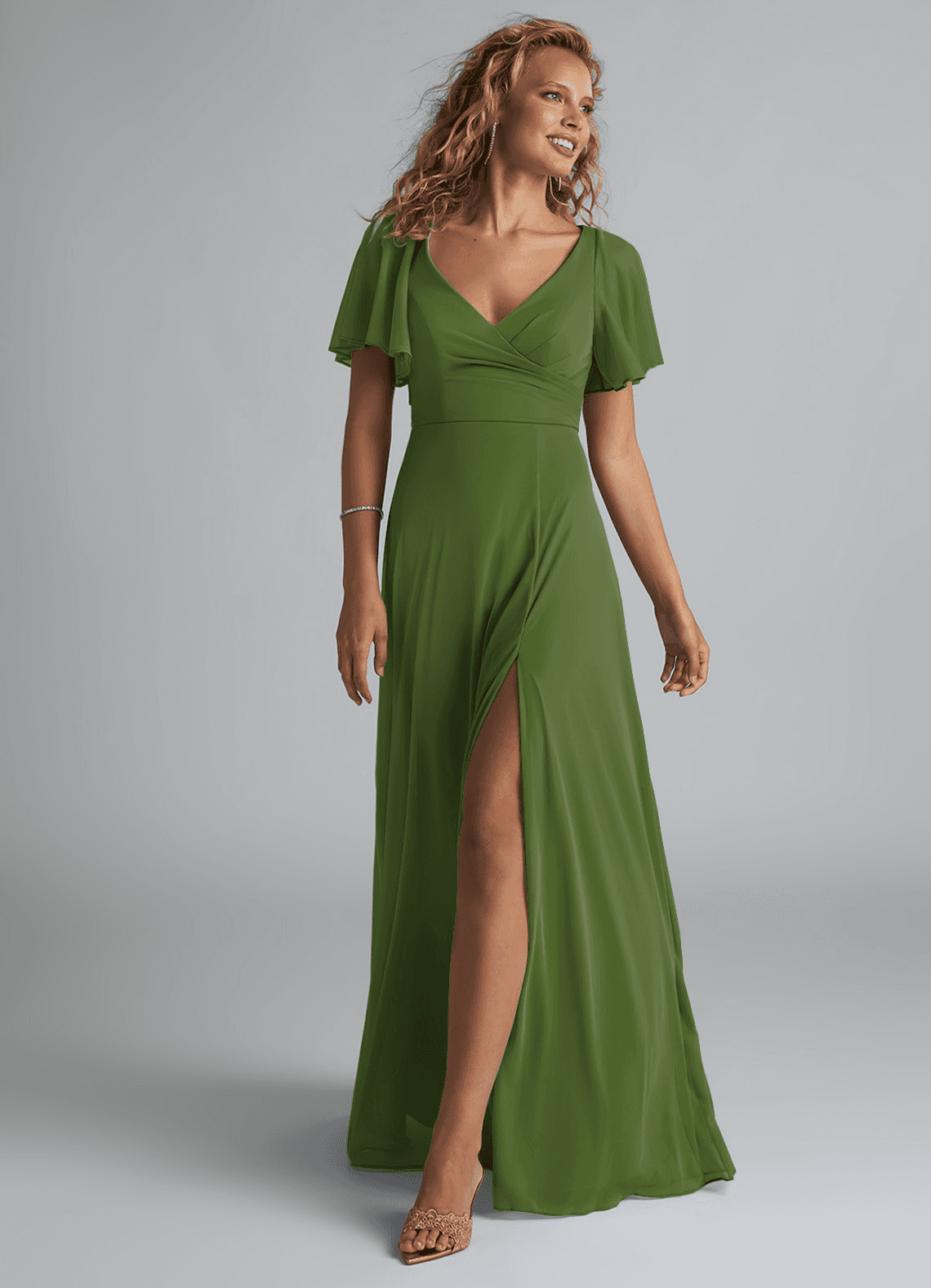 Azazie Induh Bridesmaid Dresses Olive A-Line Flutter V-neck Mesh Dress image1