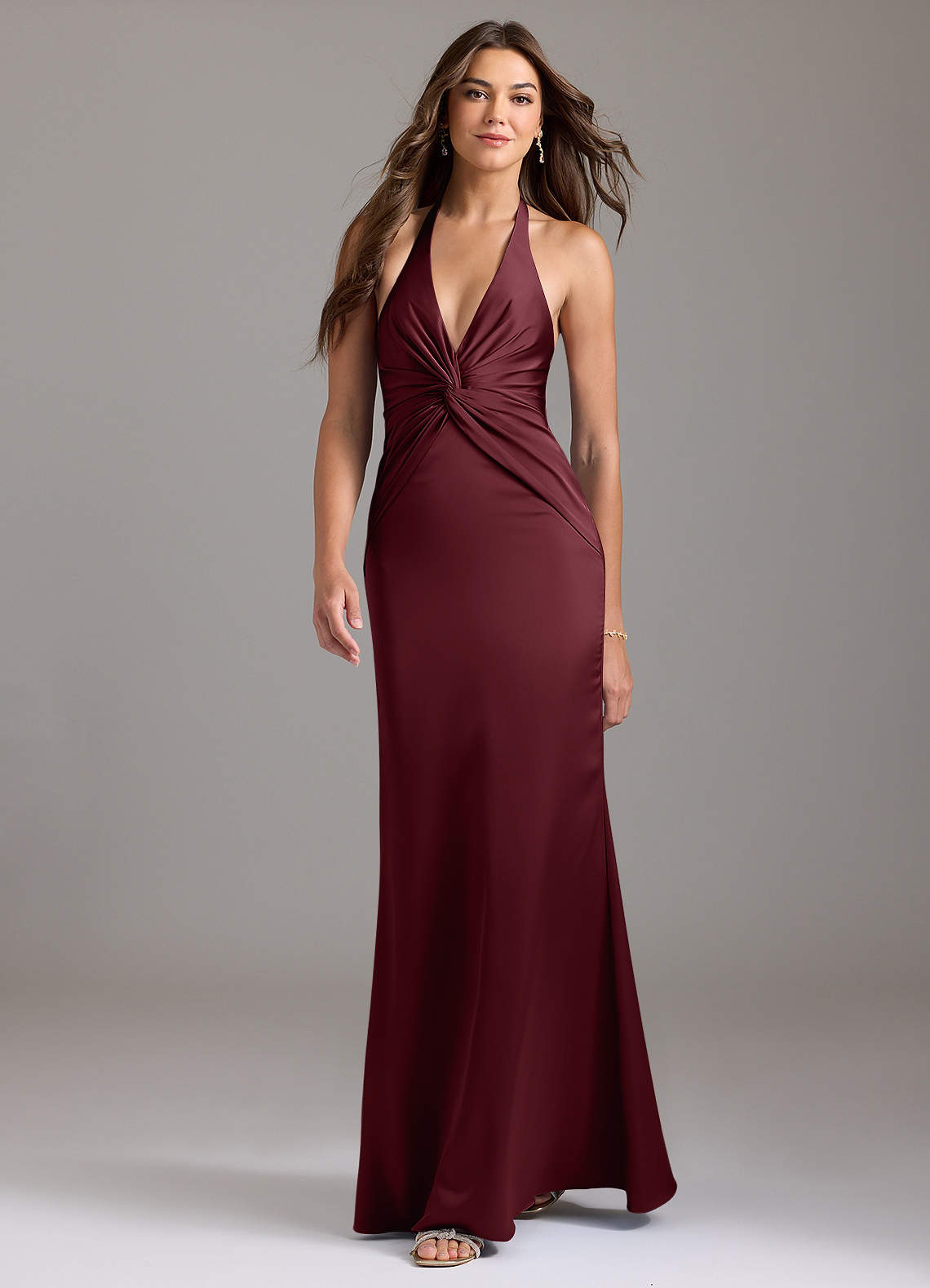 Azazie Mermaid Halter Neck Floor-Length Stretch Satin Bridesmaid Dresses - Cabernet