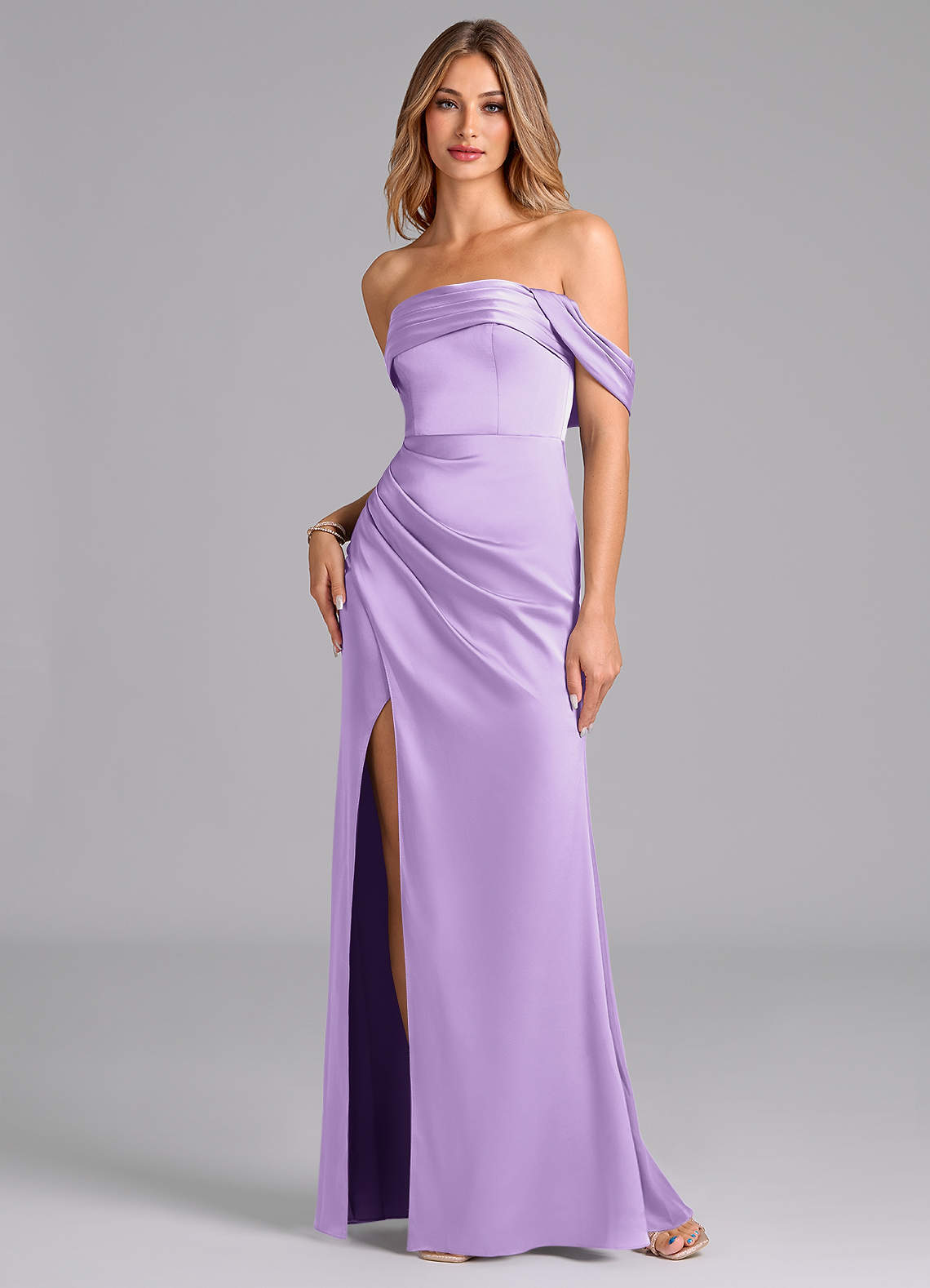 Azazie Lisbeth Bridesmaid Dresses Lilac Mermaid Off the Shoulder Stretch Satin Convertible Dress image1