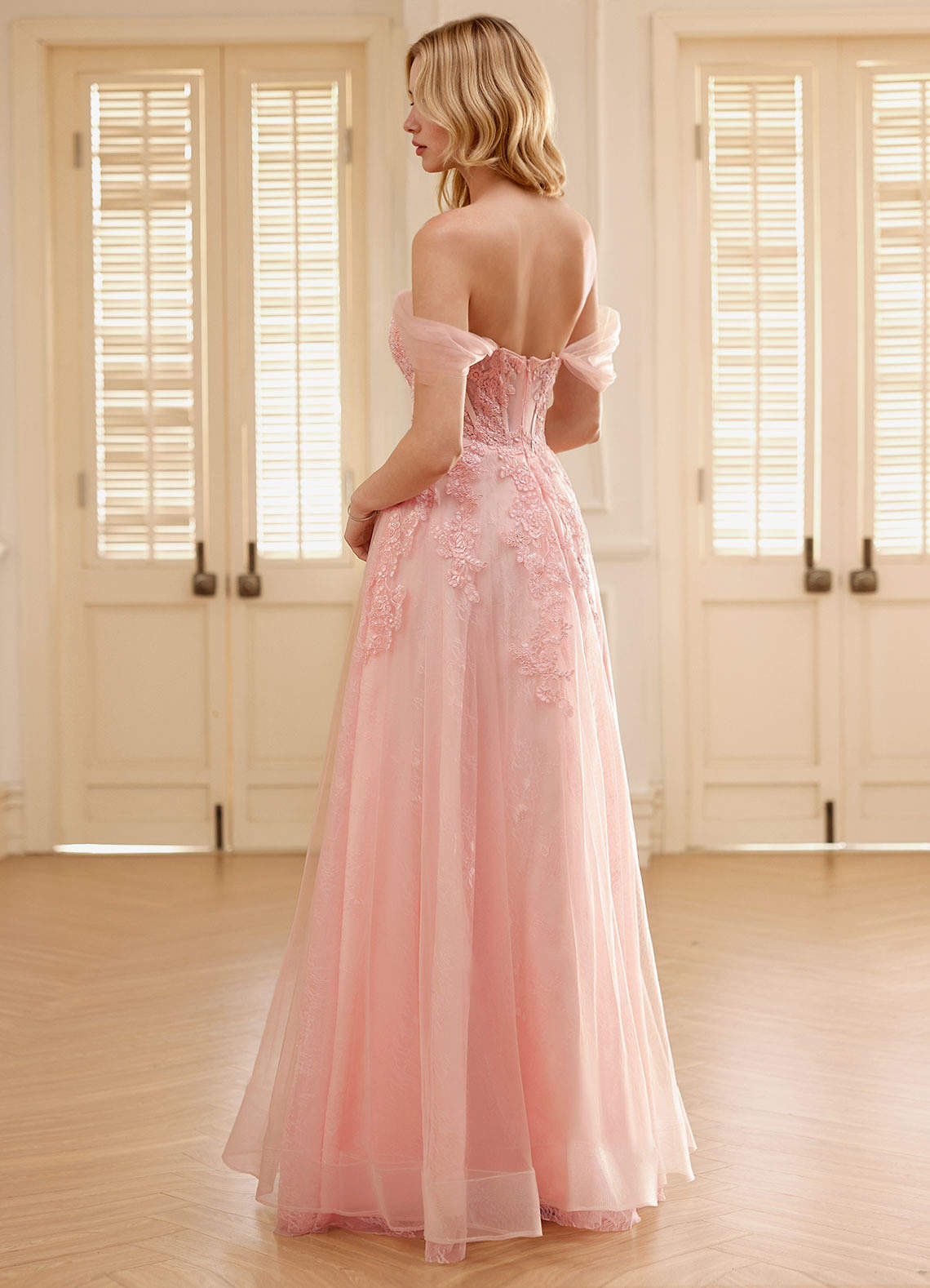 Nuvia Blushing Pink A-line Lace Prom Dress Ready to Ship