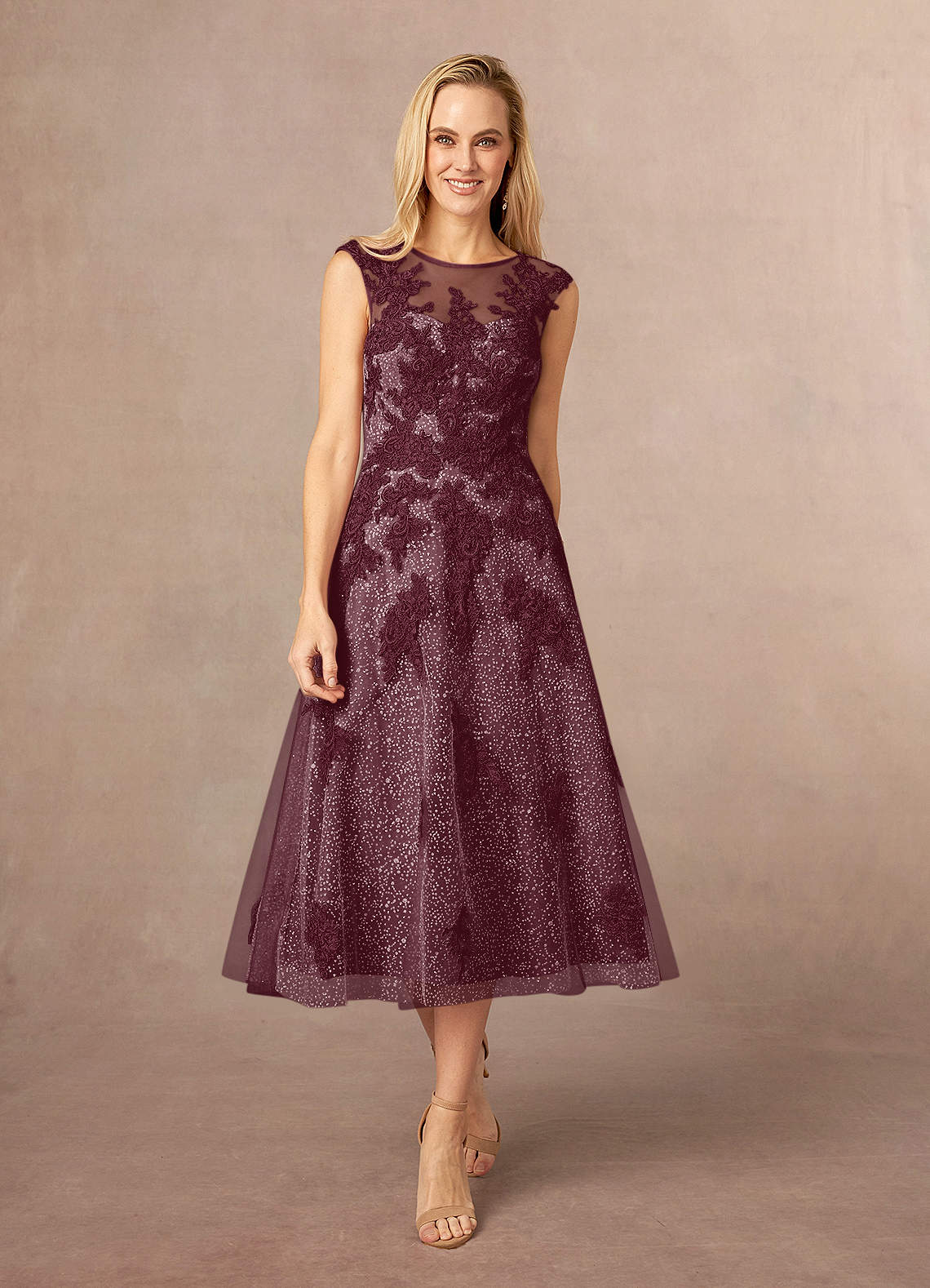 Azazie Flynn Kleider für die Brautmutter A-Linie Bootshals Spitze Tüll Kleid Cabernetrot image1