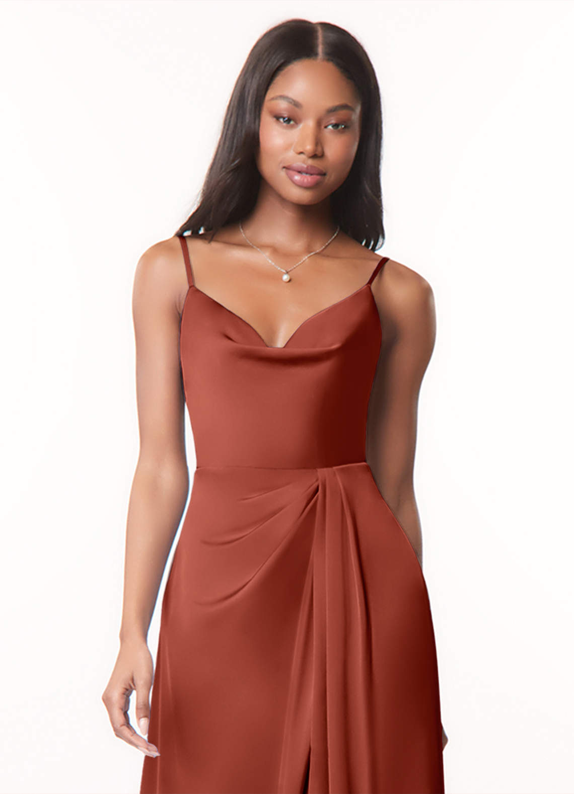 Bridesmaid Dress Terracotta Spaghetti Straps V-Neck Sleeveless Pleats Zipper Stretch Satin Bridesmaid Dresses With Split
