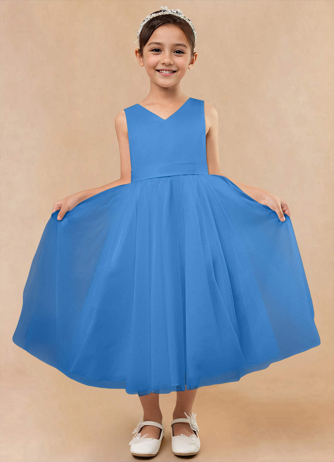 Blue Jay Azazie Marlee A-Line Pleated Matte Satin Tea-Length Dress | Azazie